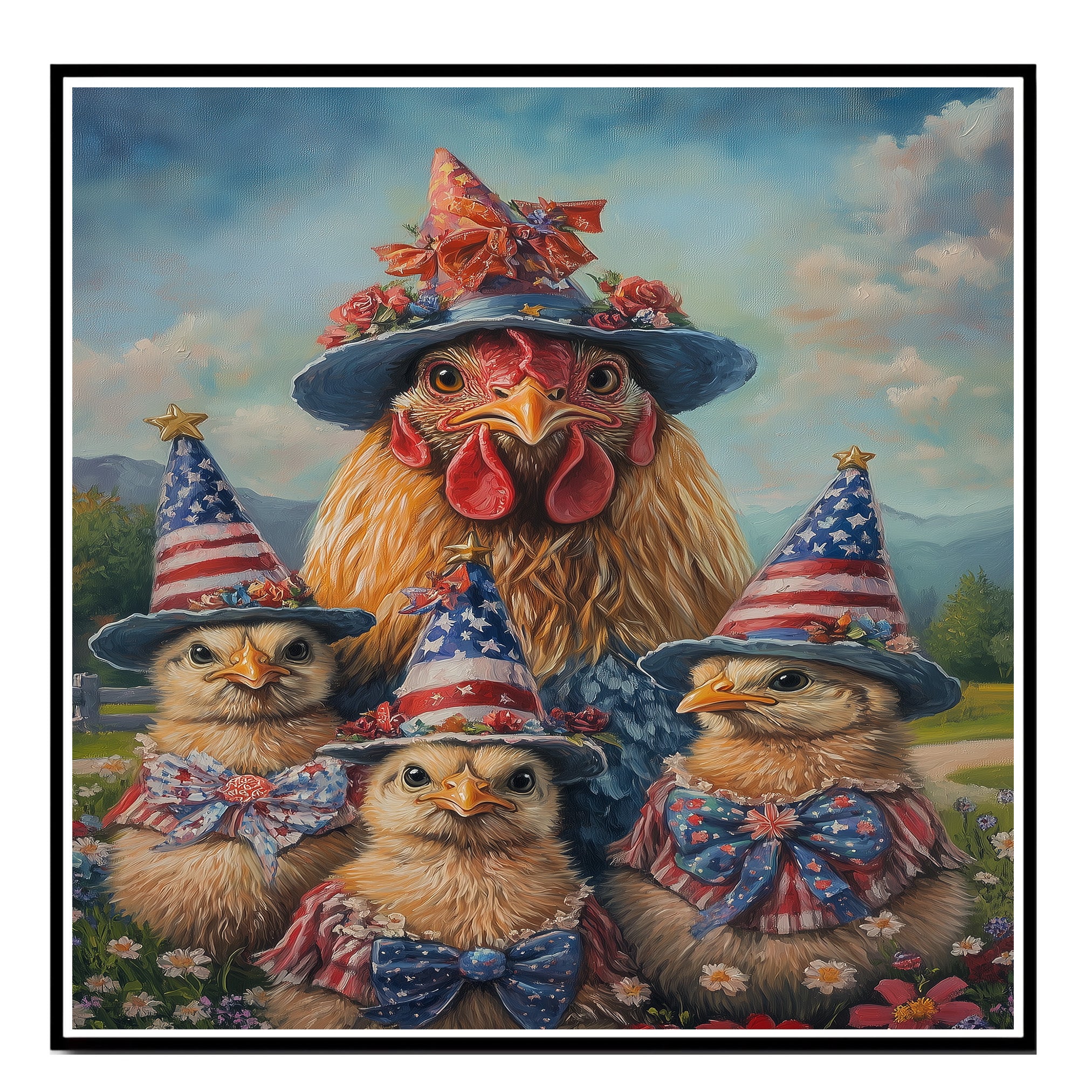 Mother Chicken with Three Baby Chicks in Patriotic Outfits and Hats American Flag Oil Painting on Ready to Hang 1.5" Thick Canvas Wrap, Floating Framed Canvas, Flat Rolled Canvas