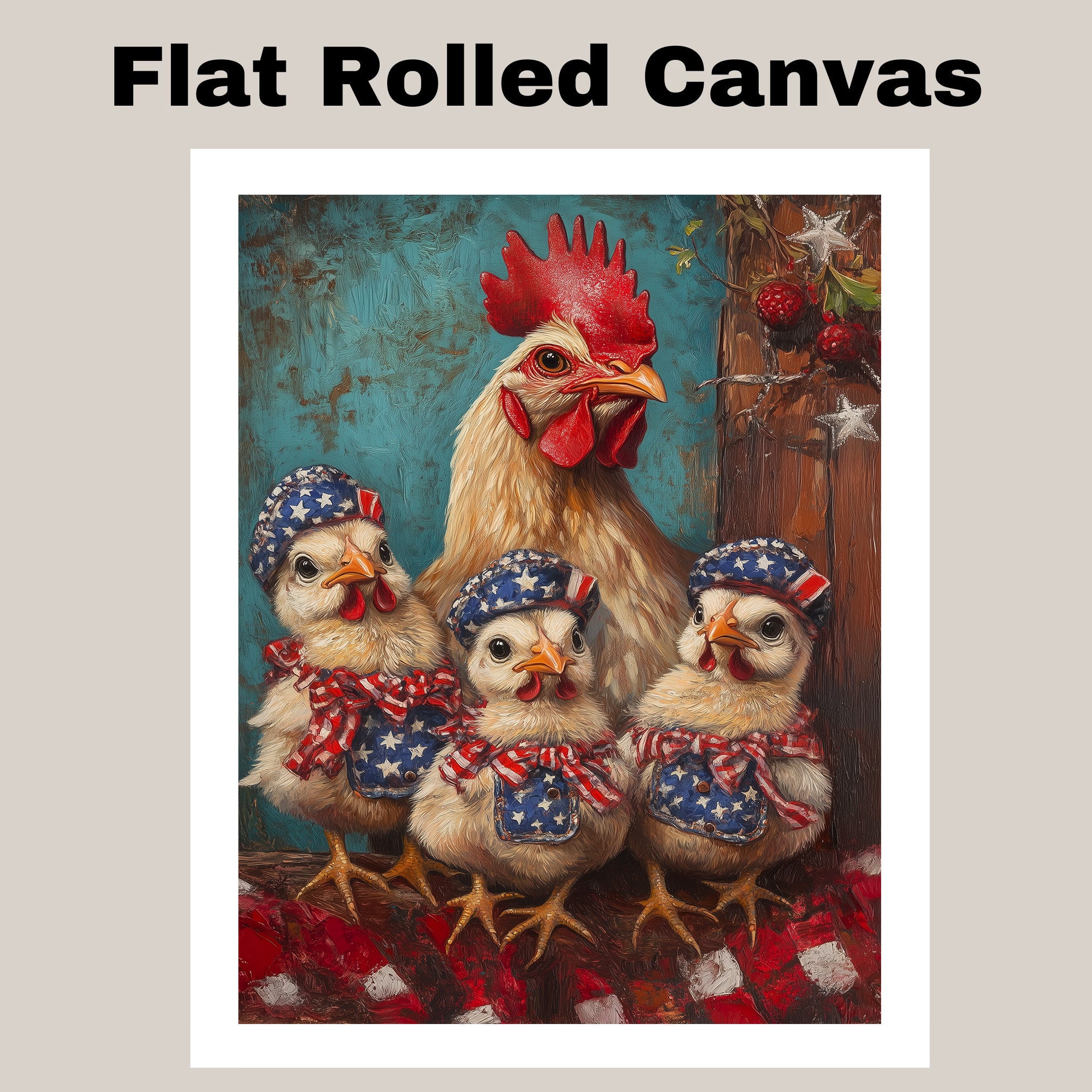 Mother Chicken with Three Baby Chicks in Patriotic Bandanas and Hats Oil Painting on Ready to Hang 1.5" Thick Canvas Wrap, Floating Framed Canvas, Flat Rolled Canvas