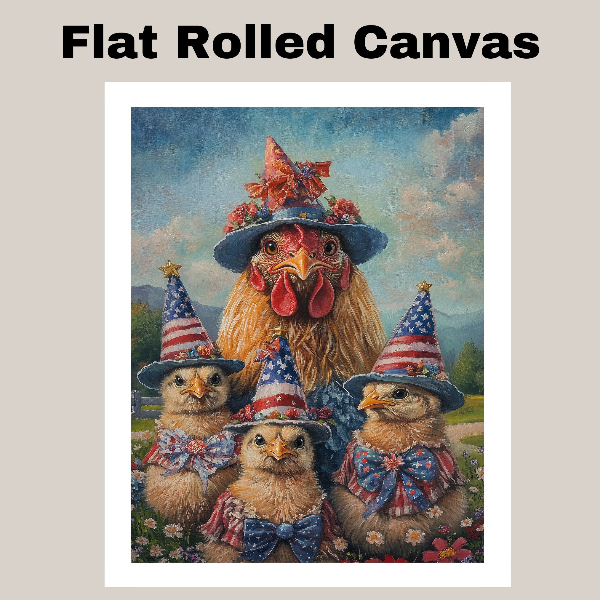 Mother Chicken with Three Baby Chicks in Patriotic Outfits and Hats American Flag Oil Painting on Ready to Hang 1.5" Thick Canvas Wrap, Floating Framed Canvas, Flat Rolled Canvas