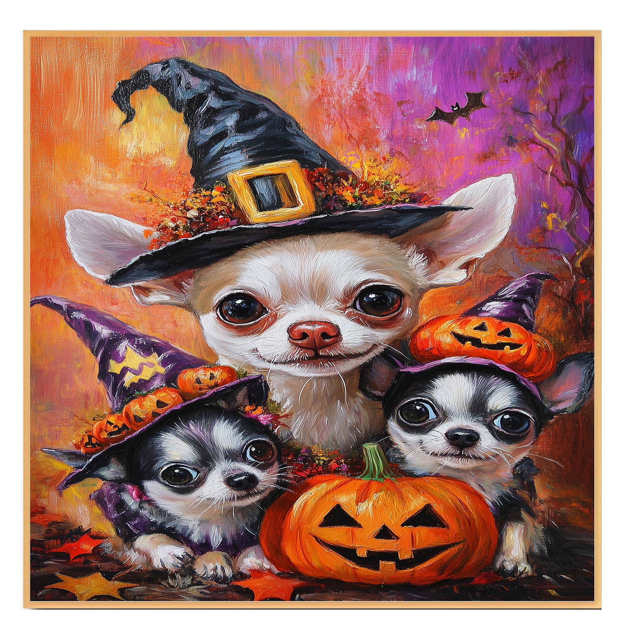 Chihuahua Dog Halloween Canvas Wall Art with Pumpkins Rustic Fall Accent for Cozy Autumn Home Decoration on Ready to Hang 1.5" Thick Canvas Wrap, Floating Framed Canvas, Flat Rolled Canvas