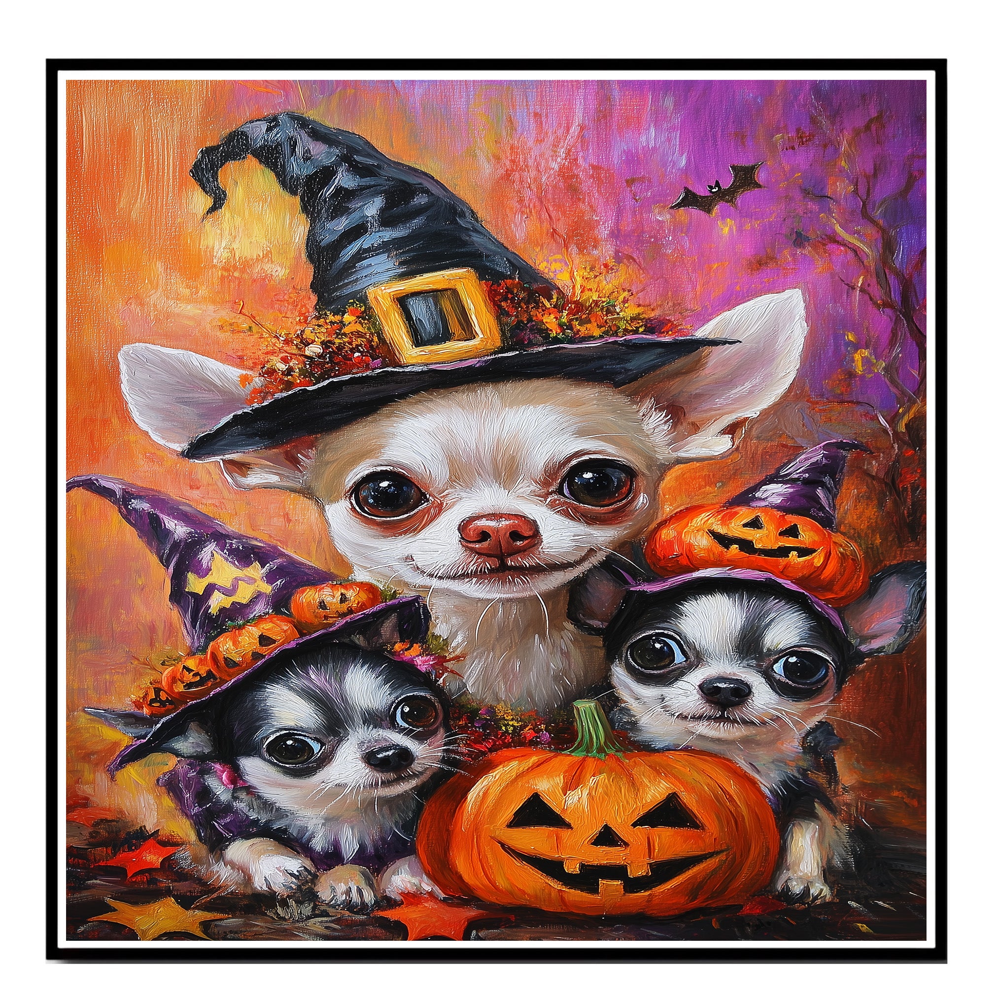 Chihuahua Dog Halloween Canvas Wall Art with Pumpkins Rustic Fall Accent for Cozy Autumn Home Decoration on Ready to Hang 1.5" Thick Canvas Wrap, Floating Framed Canvas, Flat Rolled Canvas