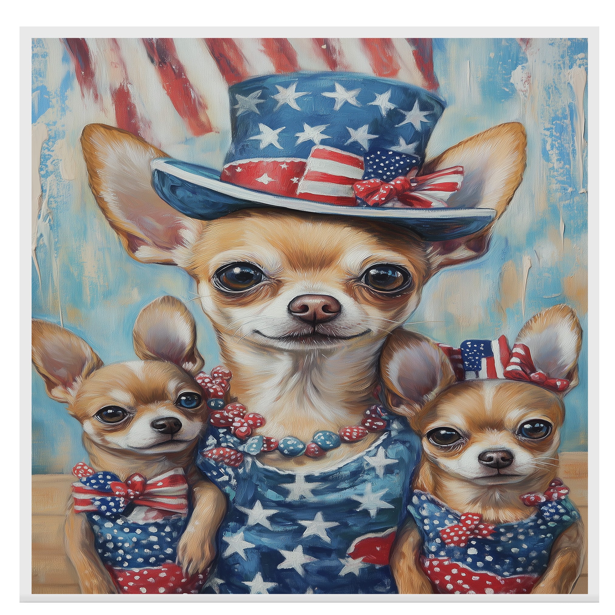 Mother Chihuahua with Three Puppies in Stars and Stripes Outfits Oil Painting on Ready to Hang 1.5" Thick Canvas Wrap, Floating Framed Canvas, Flat Rolled Canvas