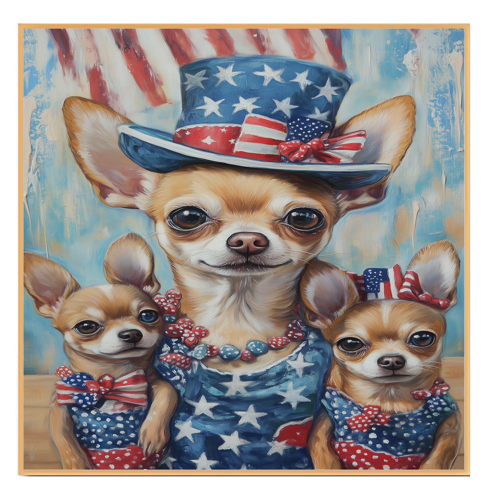Mother Chihuahua with Three Puppies in Stars and Stripes Outfits Oil Painting on Ready to Hang 1.5" Thick Canvas Wrap, Floating Framed Canvas, Flat Rolled Canvas