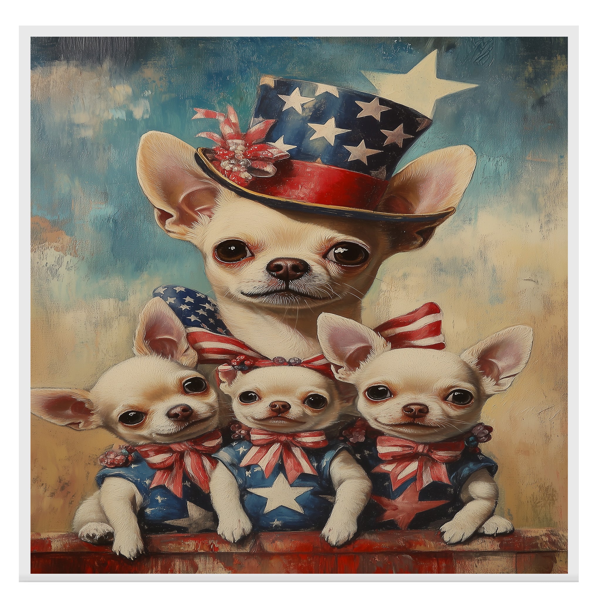 Mother Chihuahua with Three Puppies in Patriotic Outfits Oil Painting on Ready to Hang 1.5" Thick Canvas Wrap, Floating Framed Canvas, Flat Rolled Canvas