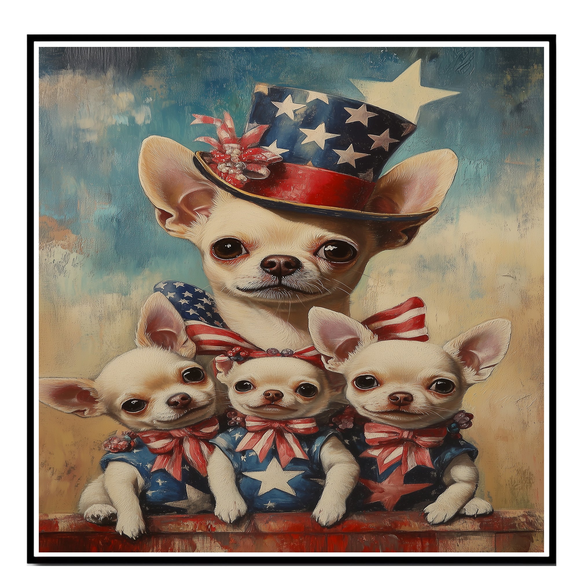 Mother Chihuahua with Three Puppies in Patriotic Outfits Oil Painting on Ready to Hang 1.5" Thick Canvas Wrap, Floating Framed Canvas, Flat Rolled Canvas