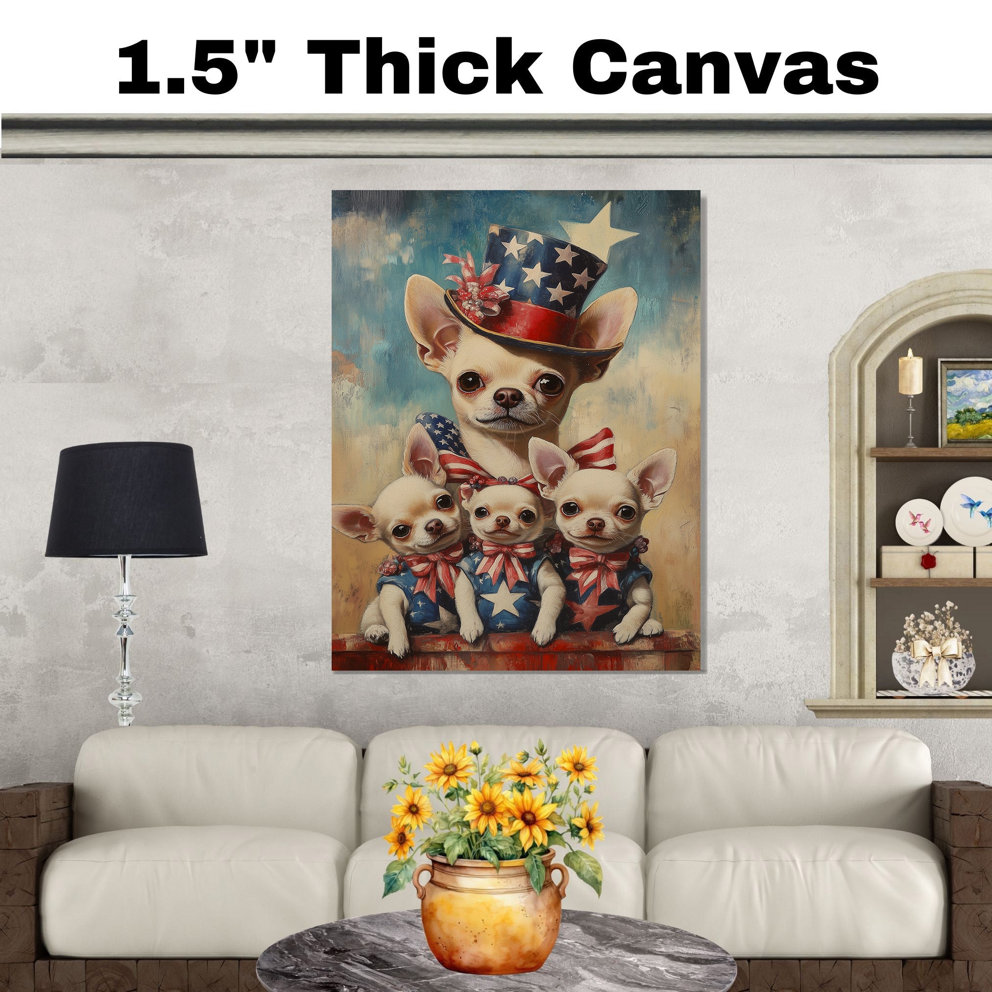 Mother Chihuahua with Three Puppies in Patriotic Outfits Oil Painting on Ready to Hang 1.5" Thick Canvas Wrap, Floating Framed Canvas, Flat Rolled Canvas