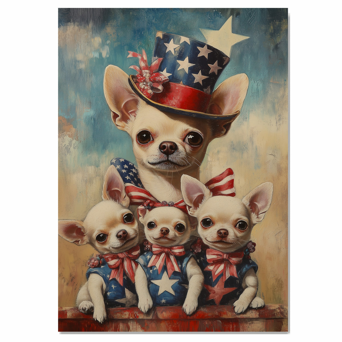 Mother Chihuahua with Three Puppies in Patriotic Outfits Oil Painting on Ready to Hang 1.5" Thick Canvas Wrap, Floating Framed Canvas, Flat Rolled Canvas