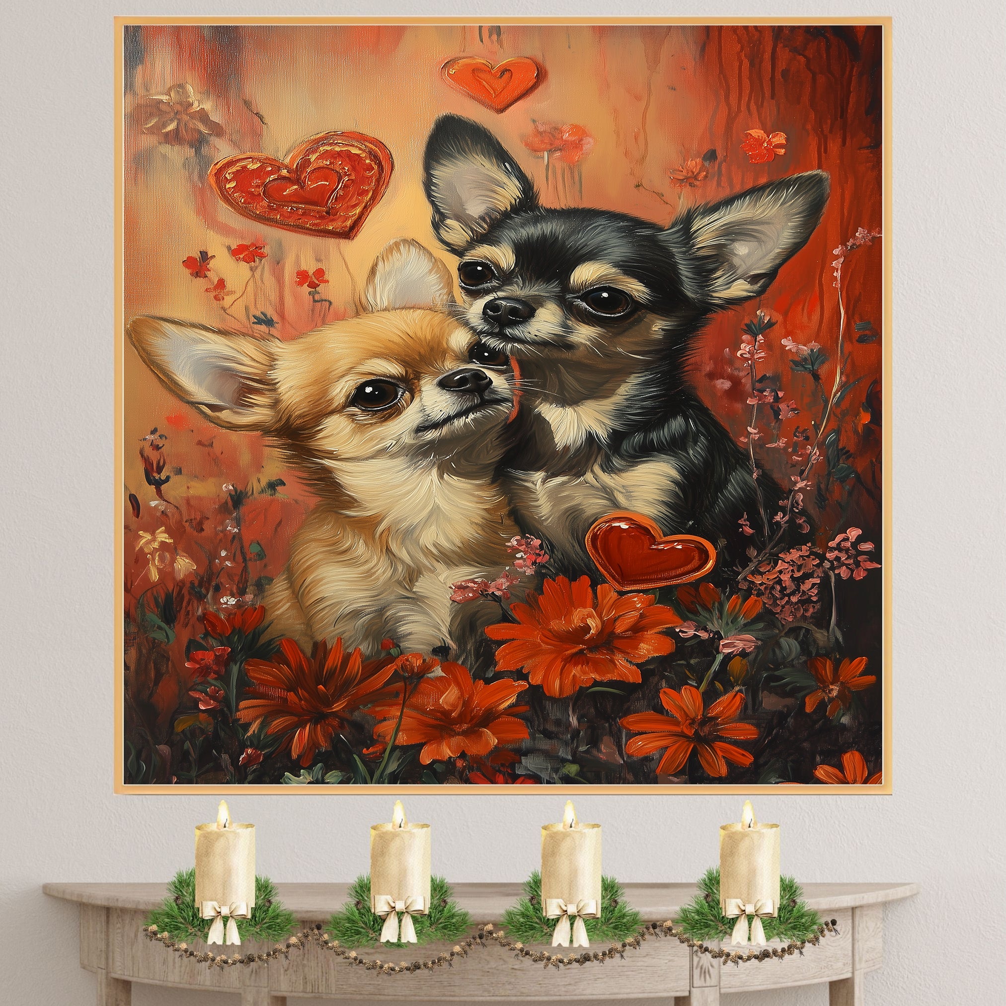 Chihuahua Couple with Flowers and Hearts Romantic Dog Artwork for Pet Lovers and Cozy Home Decor on Ready to Hang 1.5" Thick Canvas Wrap, Floating Framed Canvas, Flat Rolled Canvas