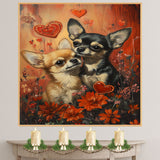 Chihuahua Couple with Flowers and Hearts Romantic Dog Artwork for Pet Lovers and Cozy Home Decor on Ready to Hang 1.5" Thick Canvas Wrap, Floating Framed Canvas, Flat Rolled Canvas