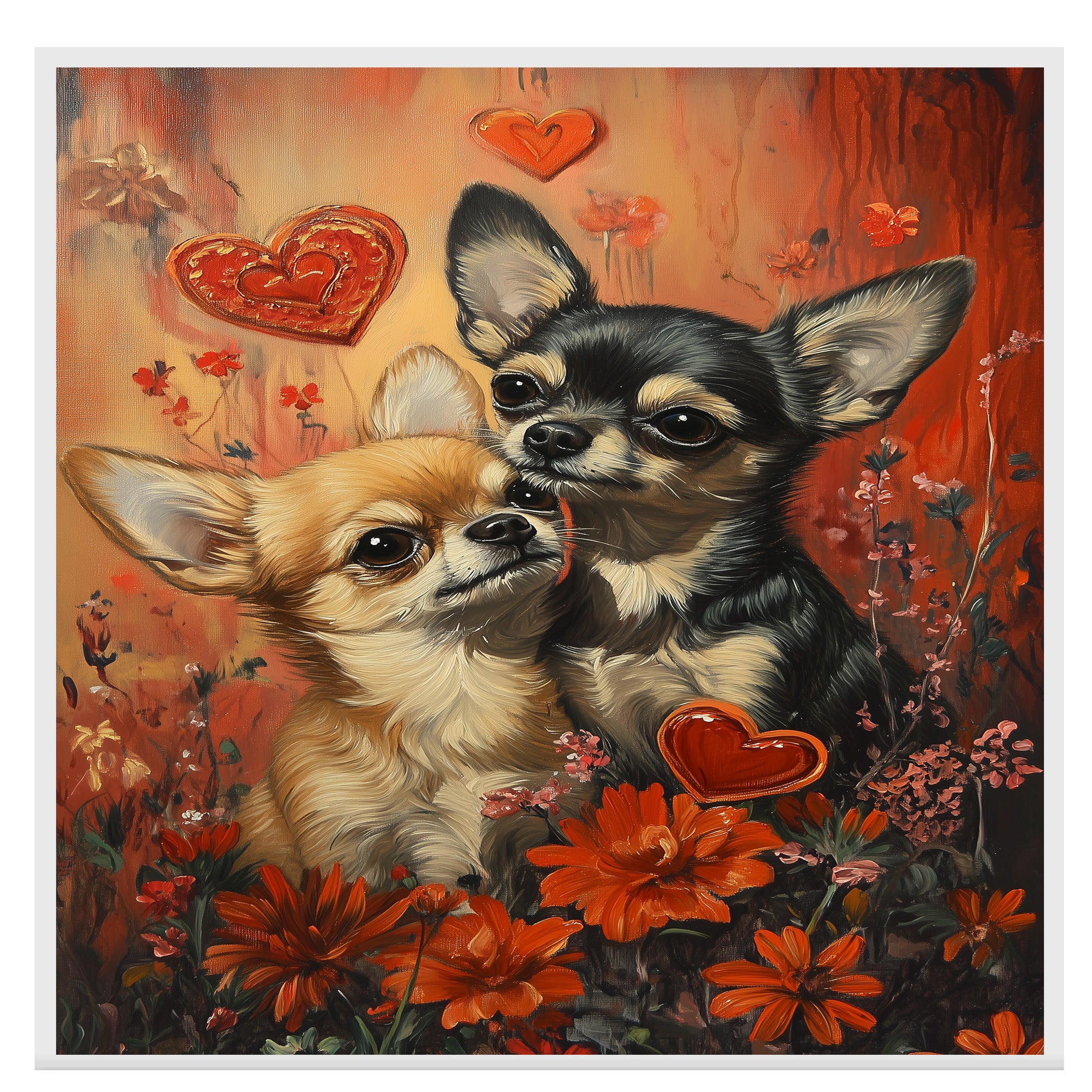 Chihuahua Couple with Flowers and Hearts Romantic Dog Artwork for Pet Lovers and Cozy Home Decor on Ready to Hang 1.5" Thick Canvas Wrap, Floating Framed Canvas, Flat Rolled Canvas