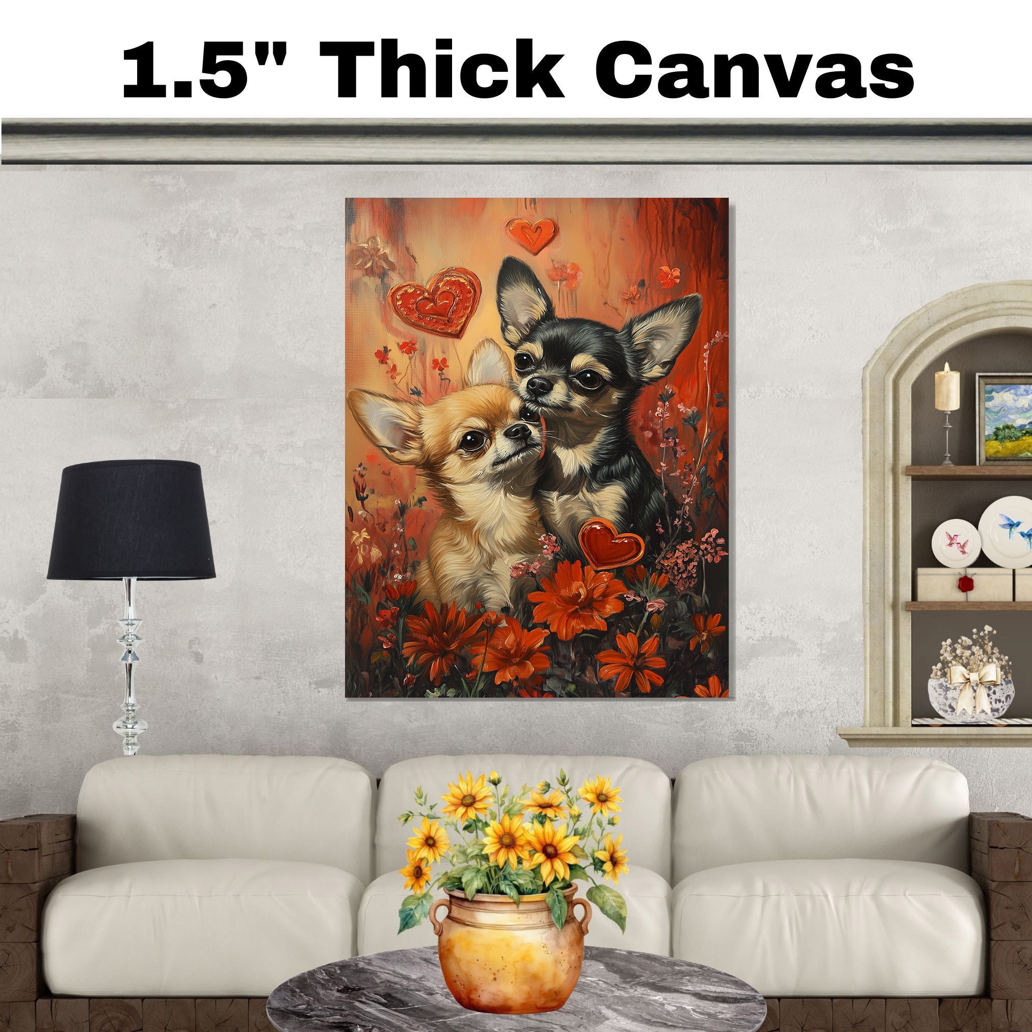 Chihuahua Couple with Flowers and Hearts Romantic Dog Artwork for Pet Lovers and Cozy Home Decor on Ready to Hang 1.5" Thick Canvas Wrap, Floating Framed Canvas, Flat Rolled Canvas
