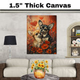 Chihuahua Couple with Flowers and Hearts Romantic Dog Artwork for Pet Lovers and Cozy Home Decor on Ready to Hang 1.5" Thick Canvas Wrap, Floating Framed Canvas, Flat Rolled Canvas