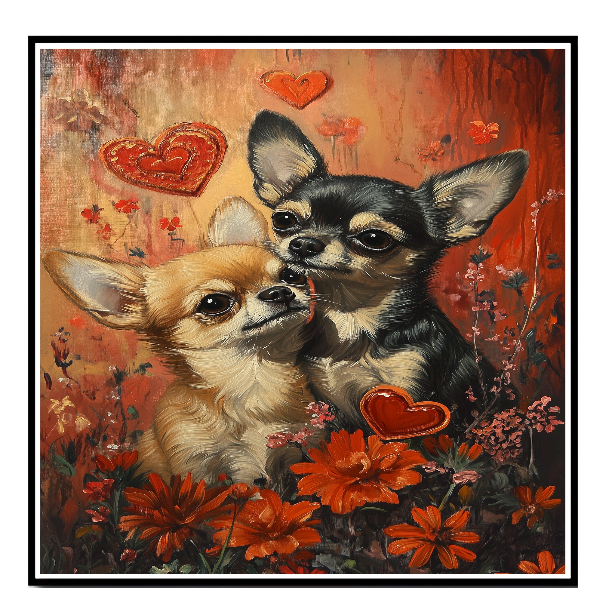 Chihuahua Couple with Flowers and Hearts Romantic Dog Artwork for Pet Lovers and Cozy Home Decor on Ready to Hang 1.5" Thick Canvas Wrap, Floating Framed Canvas, Flat Rolled Canvas