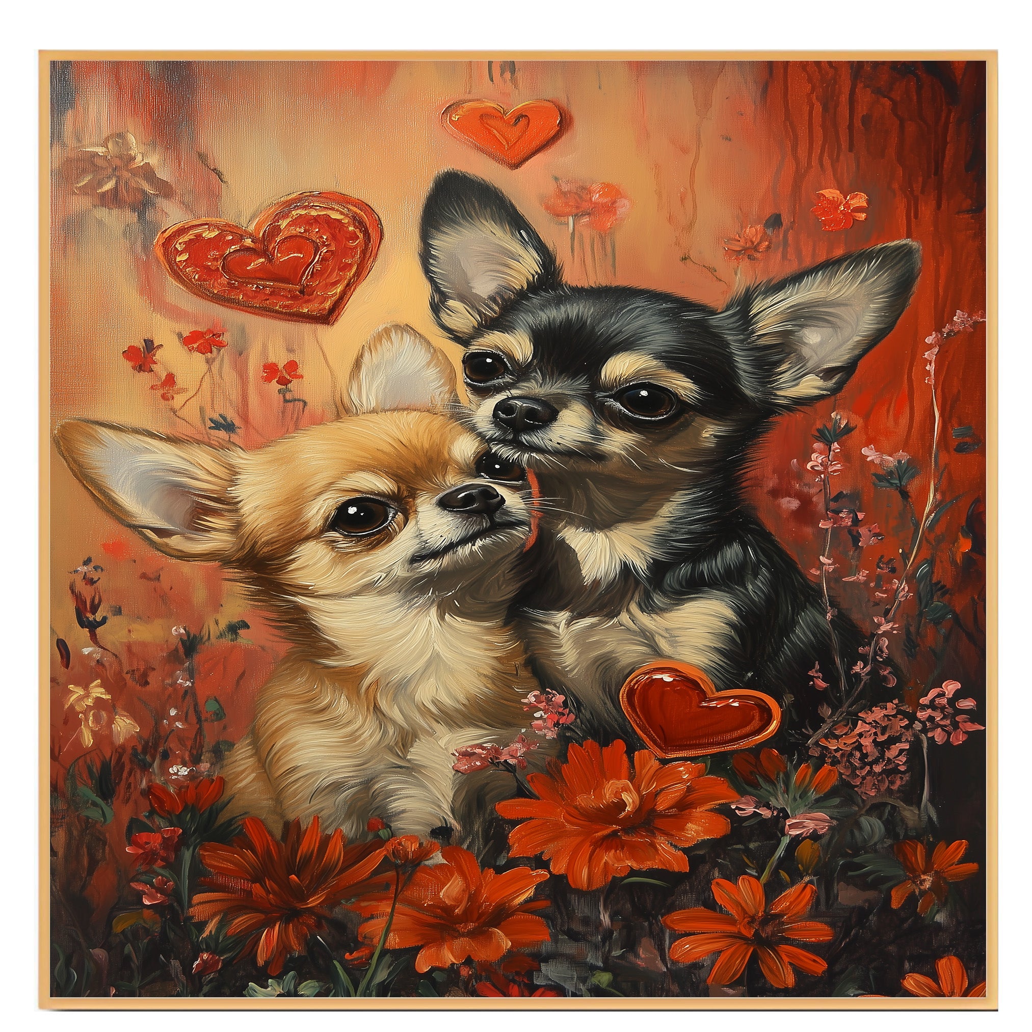 Chihuahua Couple with Flowers and Hearts Romantic Dog Artwork for Pet Lovers and Cozy Home Decor on Ready to Hang 1.5" Thick Canvas Wrap, Floating Framed Canvas, Flat Rolled Canvas
