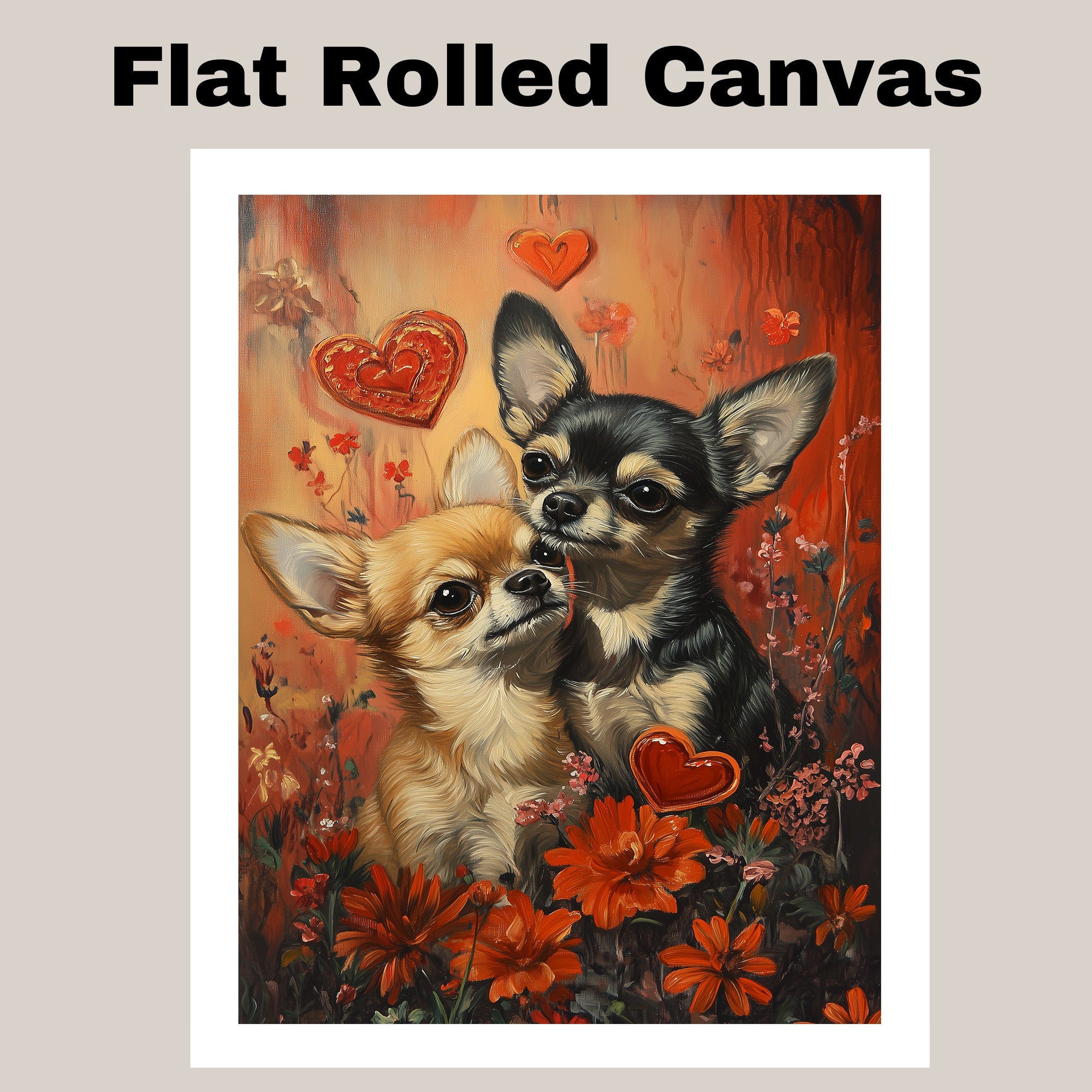 Chihuahua Couple with Flowers and Hearts Romantic Dog Artwork for Pet Lovers and Cozy Home Decor on Ready to Hang 1.5" Thick Canvas Wrap, Floating Framed Canvas, Flat Rolled Canvas