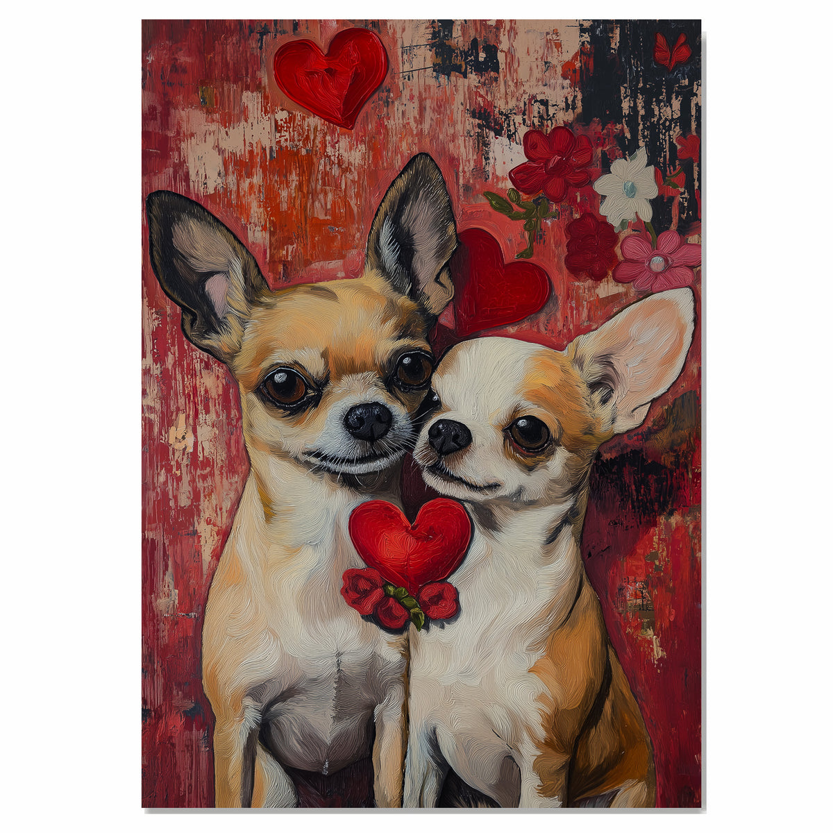 Chihuahua Couple with Hearts Romantic Dog Artwork for Animal Lovers and Cozy Home Decor on Ready to Hang 1.5" Thick Canvas Wrap, Floating Framed Canvas, Flat Rolled Canvas