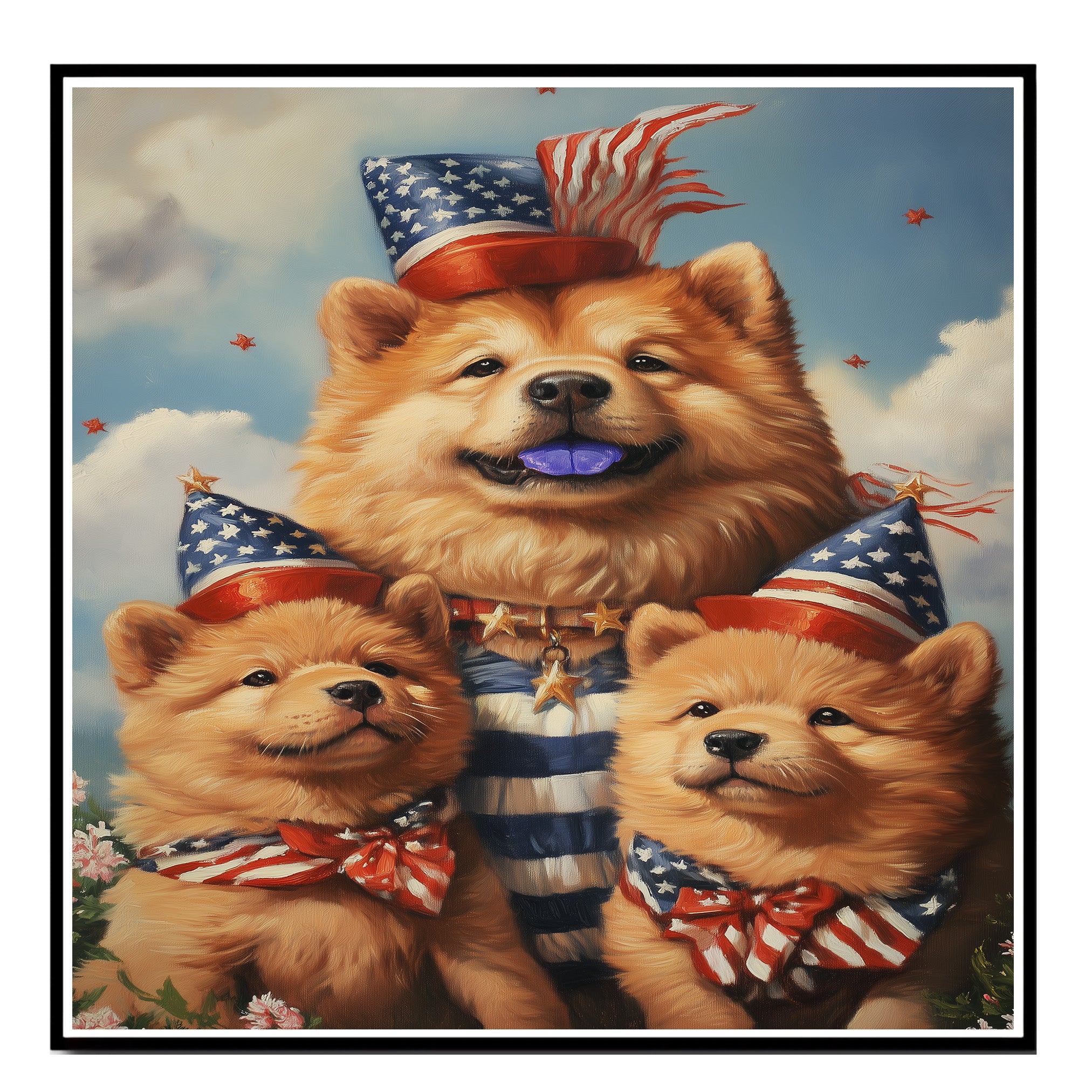 Mother Chow Chow with Three Puppies in Patriotic Outfits and Party Hats on Ready to Hang 1.5" Thick Canvas Wrap, Floating Framed Canvas, Flat Rolled Canvas