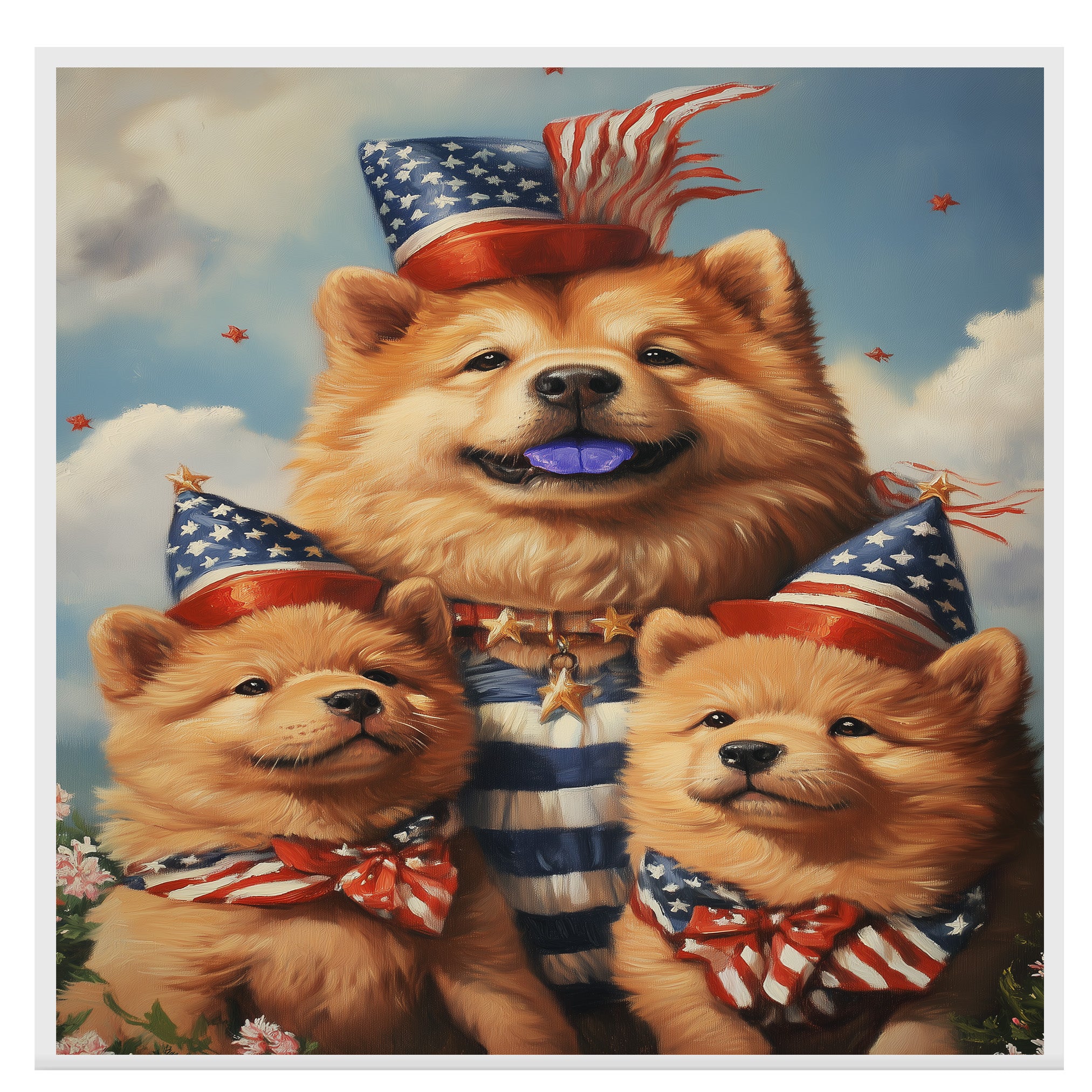 Mother Chow Chow with Three Puppies in Patriotic Outfits and Party Hats on Ready to Hang 1.5" Thick Canvas Wrap, Floating Framed Canvas, Flat Rolled Canvas