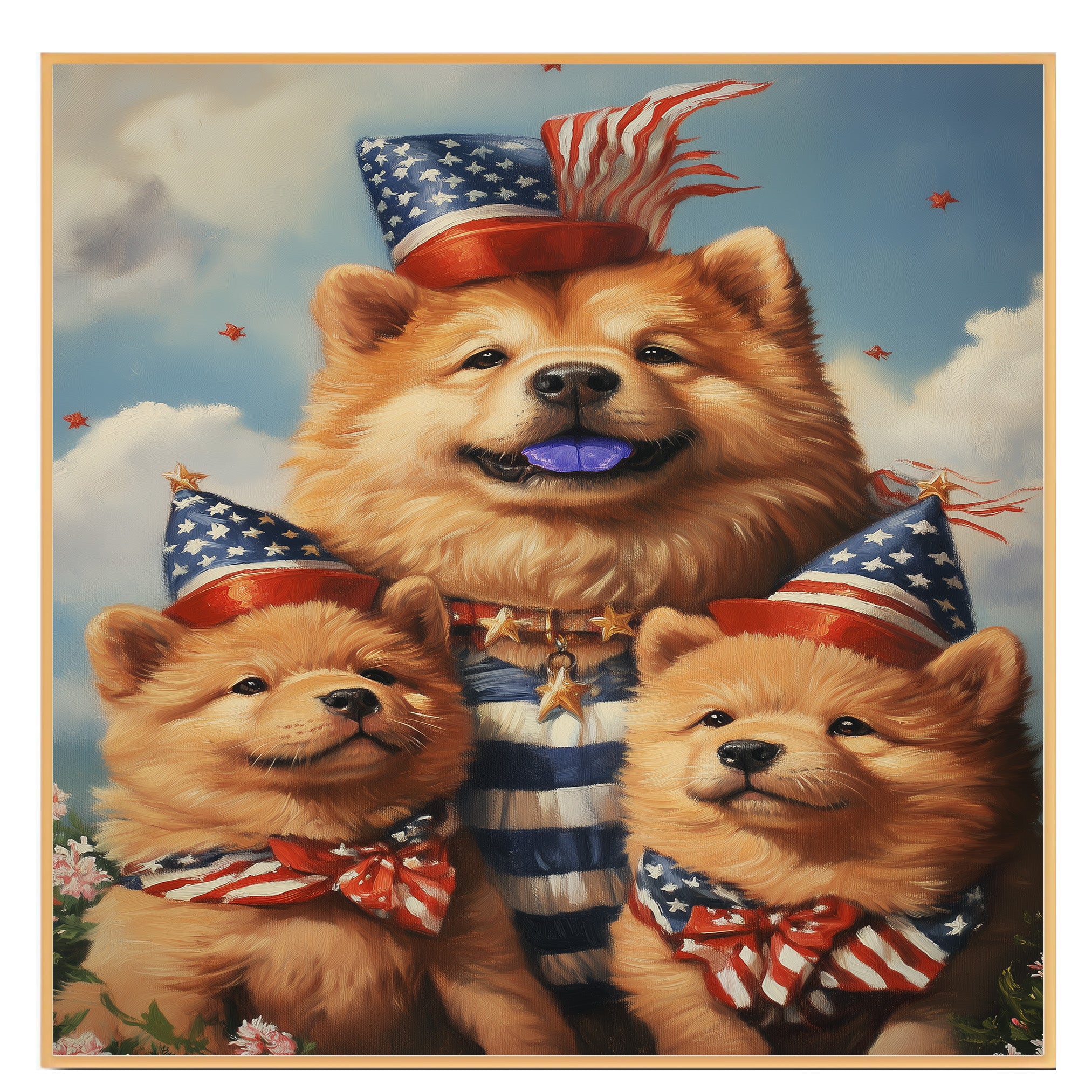 Mother Chow Chow with Three Puppies in Patriotic Outfits and Party Hats on Ready to Hang 1.5" Thick Canvas Wrap, Floating Framed Canvas, Flat Rolled Canvas