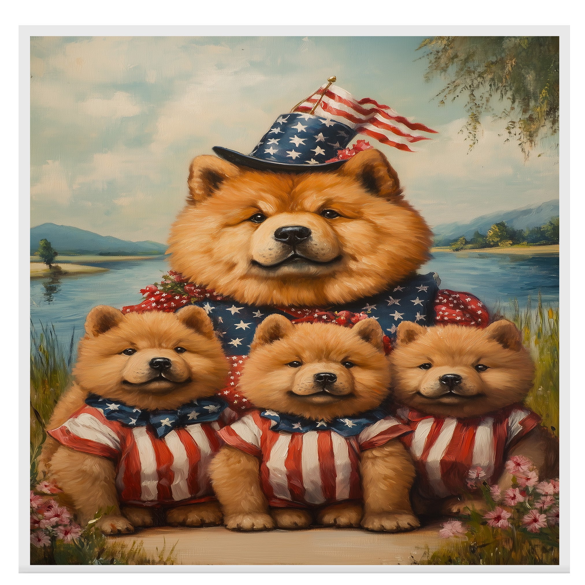 Mother Chow Chow and Three Puppies in Patriotic Outfits by a Peaceful Lake on Ready to Hang 1.5" Thick Canvas Wrap, Floating Framed Canvas, Flat Rolled Canvas