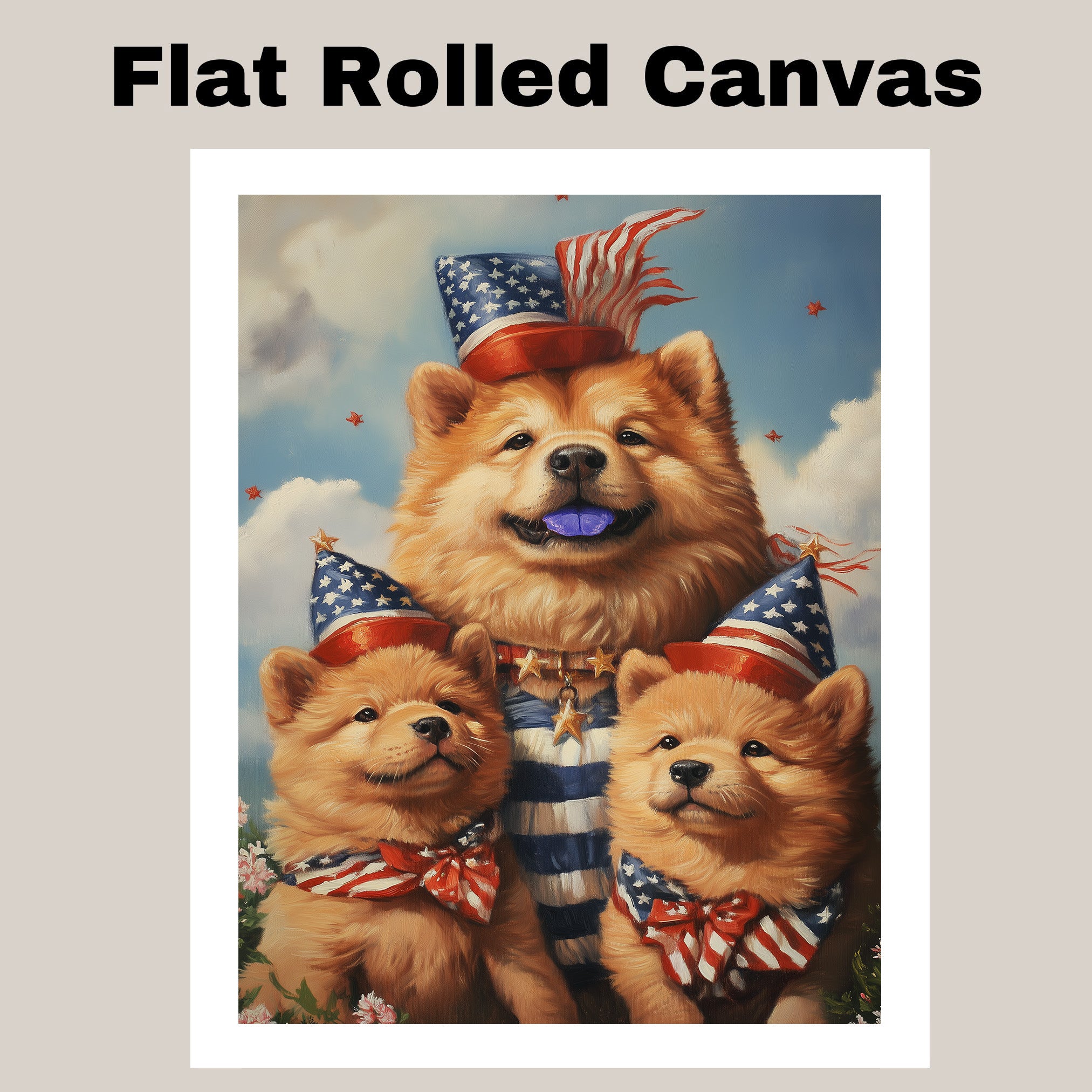 Mother Chow Chow with Three Puppies in Patriotic Outfits and Party Hats on Ready to Hang 1.5" Thick Canvas Wrap, Floating Framed Canvas, Flat Rolled Canvas