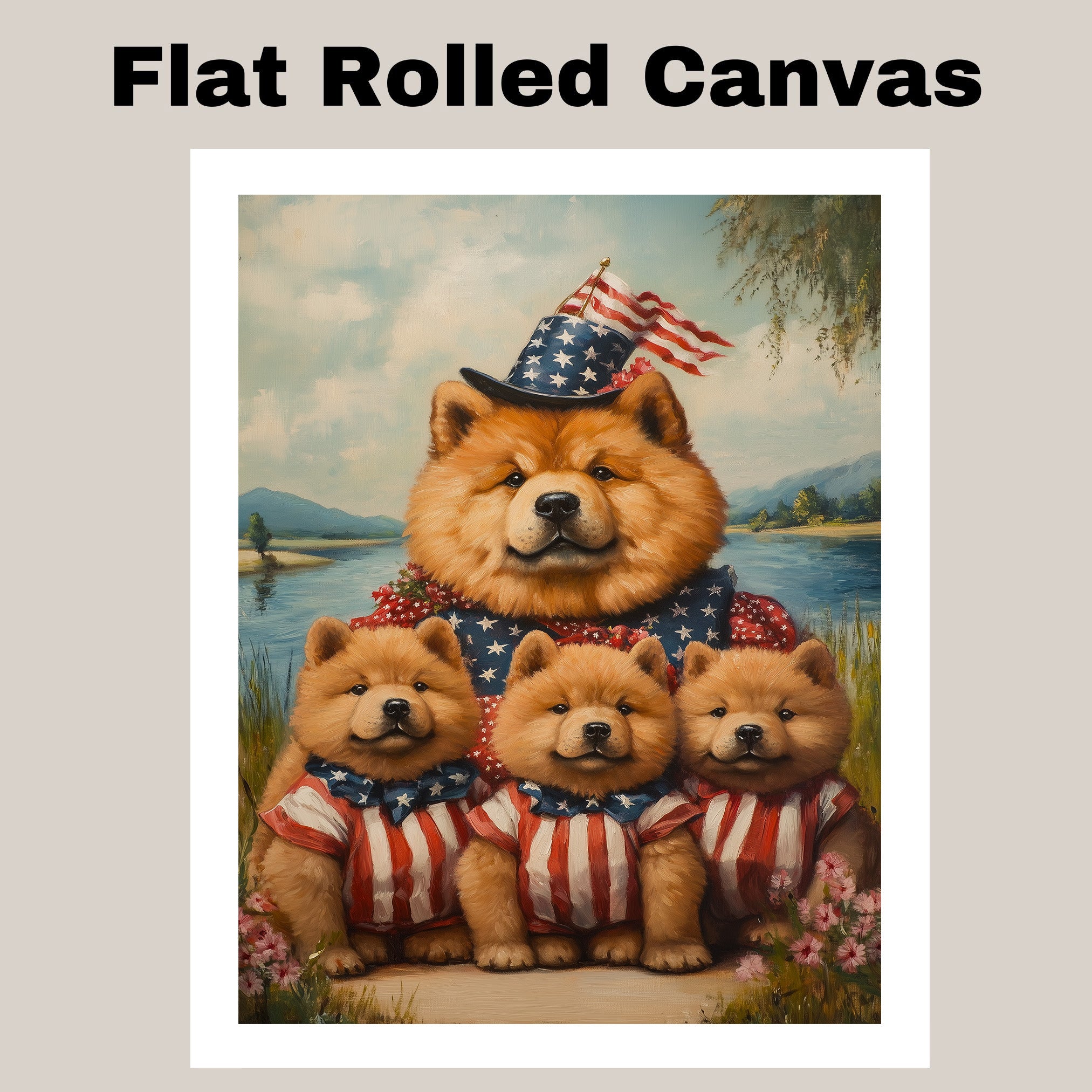 Mother Chow Chow and Three Puppies in Patriotic Outfits by a Peaceful Lake on Ready to Hang 1.5" Thick Canvas Wrap, Floating Framed Canvas, Flat Rolled Canvas