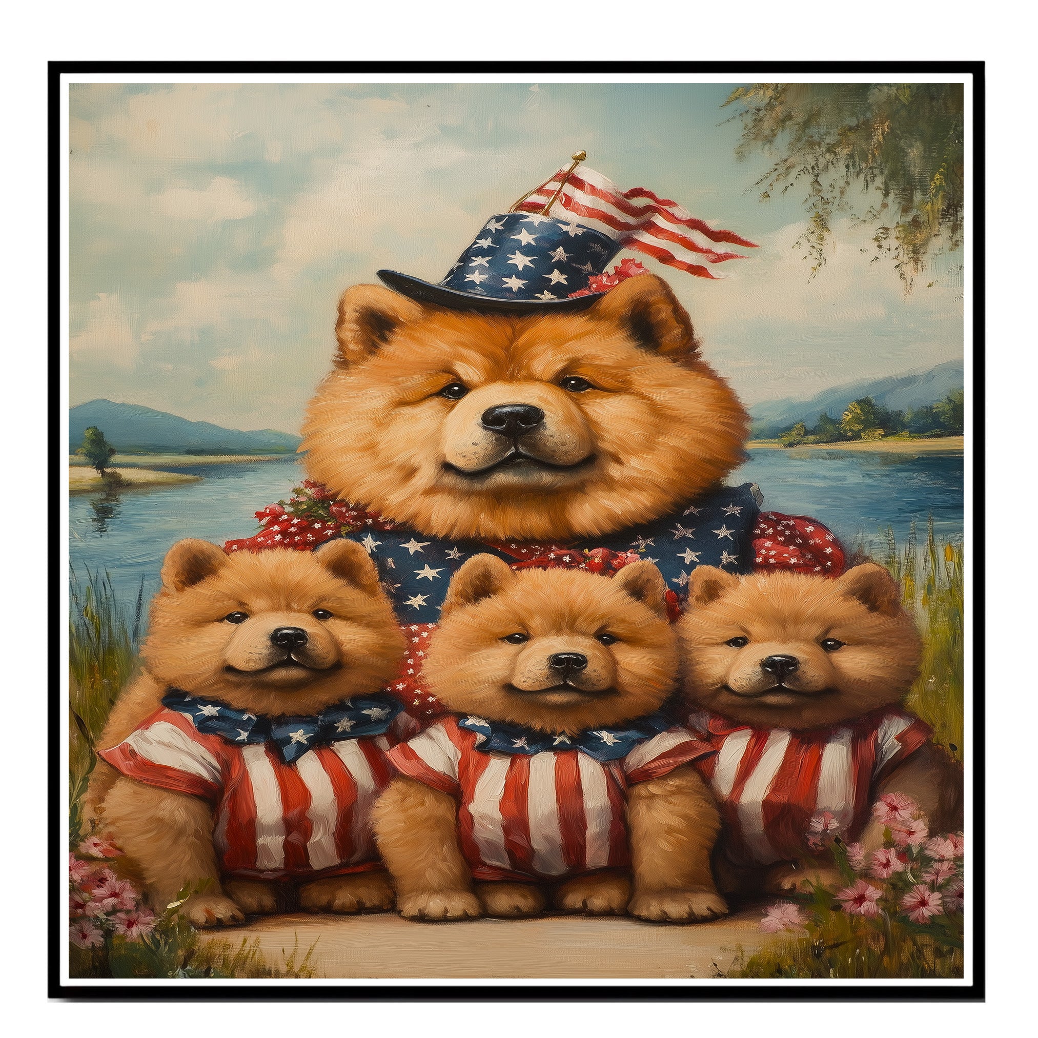 Mother Chow Chow and Three Puppies in Patriotic Outfits by a Peaceful Lake on Ready to Hang 1.5" Thick Canvas Wrap, Floating Framed Canvas, Flat Rolled Canvas