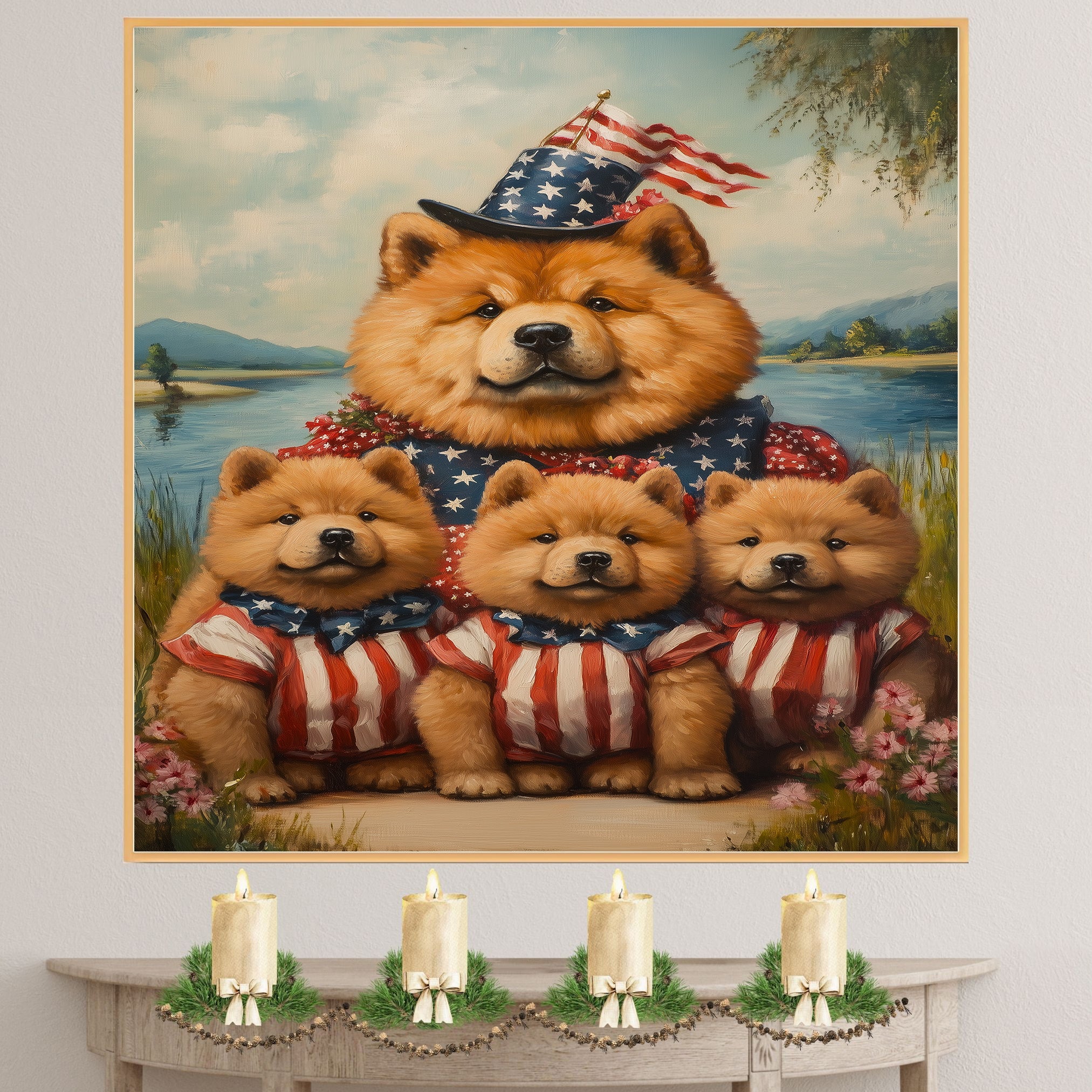 Mother Chow Chow and Three Puppies in Patriotic Outfits by a Peaceful Lake on Ready to Hang 1.5" Thick Canvas Wrap, Floating Framed Canvas, Flat Rolled Canvas