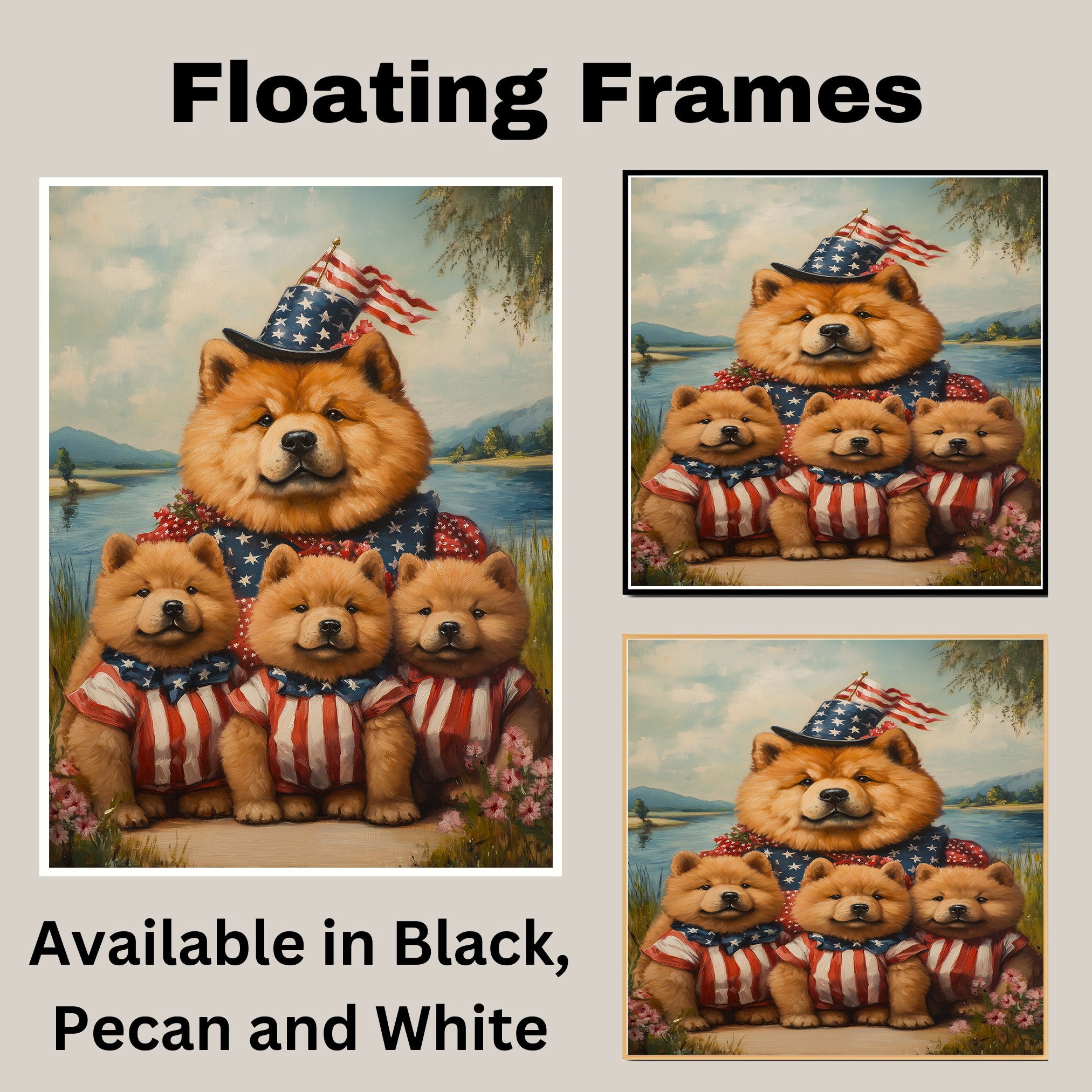 Mother Chow Chow and Three Puppies in Patriotic Outfits by a Peaceful Lake on Ready to Hang 1.5" Thick Canvas Wrap, Floating Framed Canvas, Flat Rolled Canvas