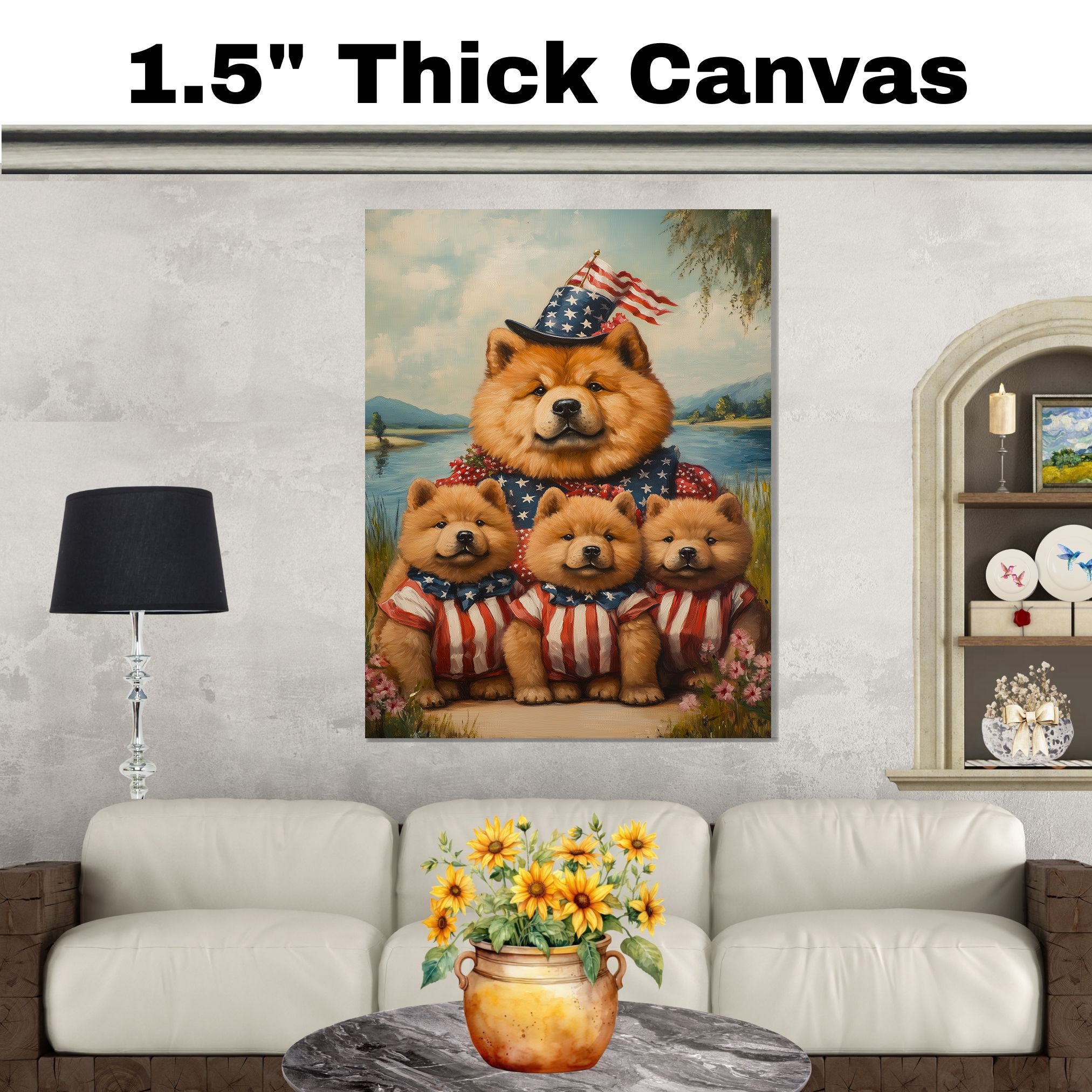 Mother Chow Chow and Three Puppies in Patriotic Outfits by a Peaceful Lake on Ready to Hang 1.5" Thick Canvas Wrap, Floating Framed Canvas, Flat Rolled Canvas