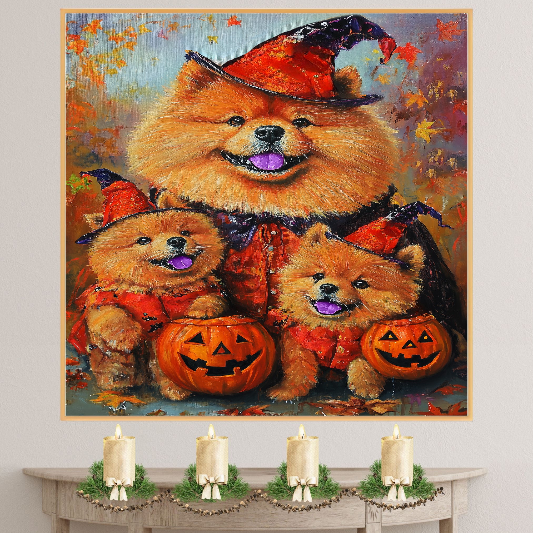 Chow Chow Dog Halloween Canvas Wall Art with Pumpkins Rustic Fall Farmhouse Accent for Autumn Home Decoration on Ready to Hang 1.5" Thick Canvas Wrap, Floating Framed Canvas, Flat Rolled Canvas