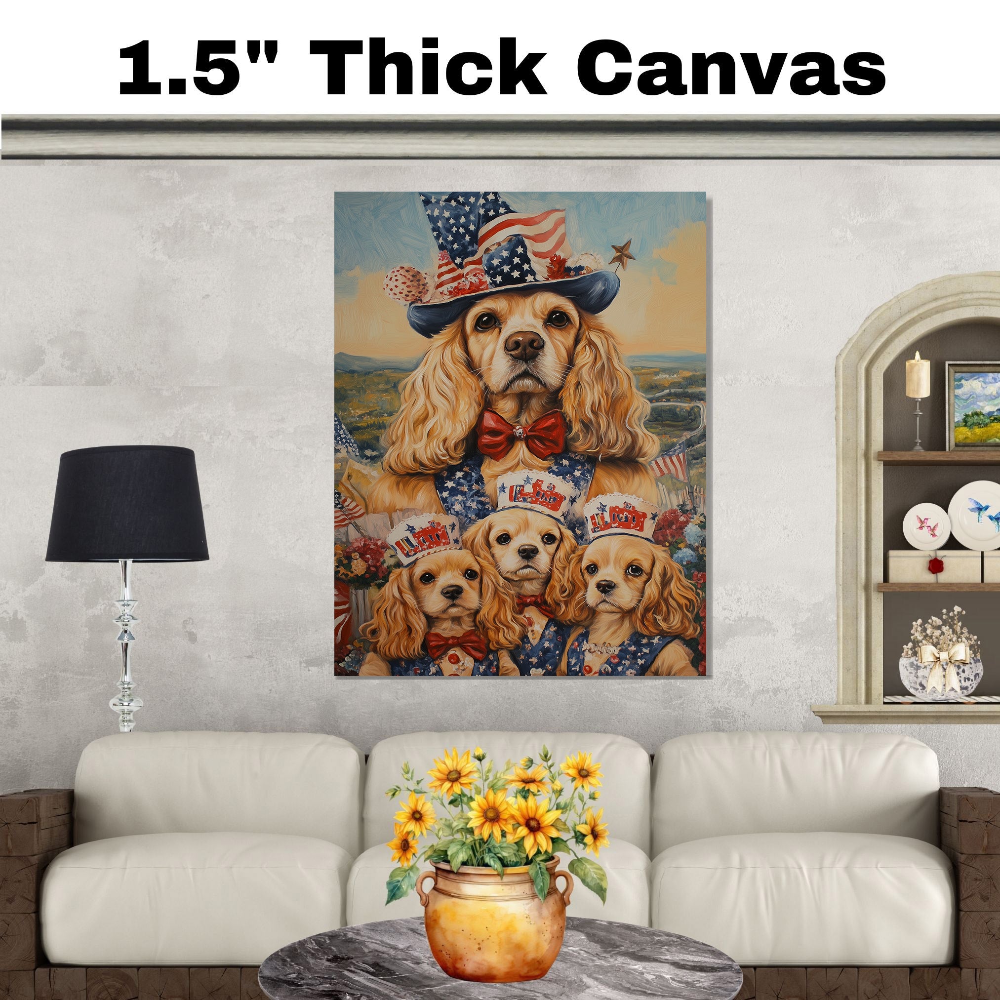 Mother Cocker Spaniel and Three Puppies in Patriotic Vests and USA Top Hats on Ready to Hang 1.5" Thick Canvas Wrap, Floating Framed Canvas, Flat Rolled Canvas