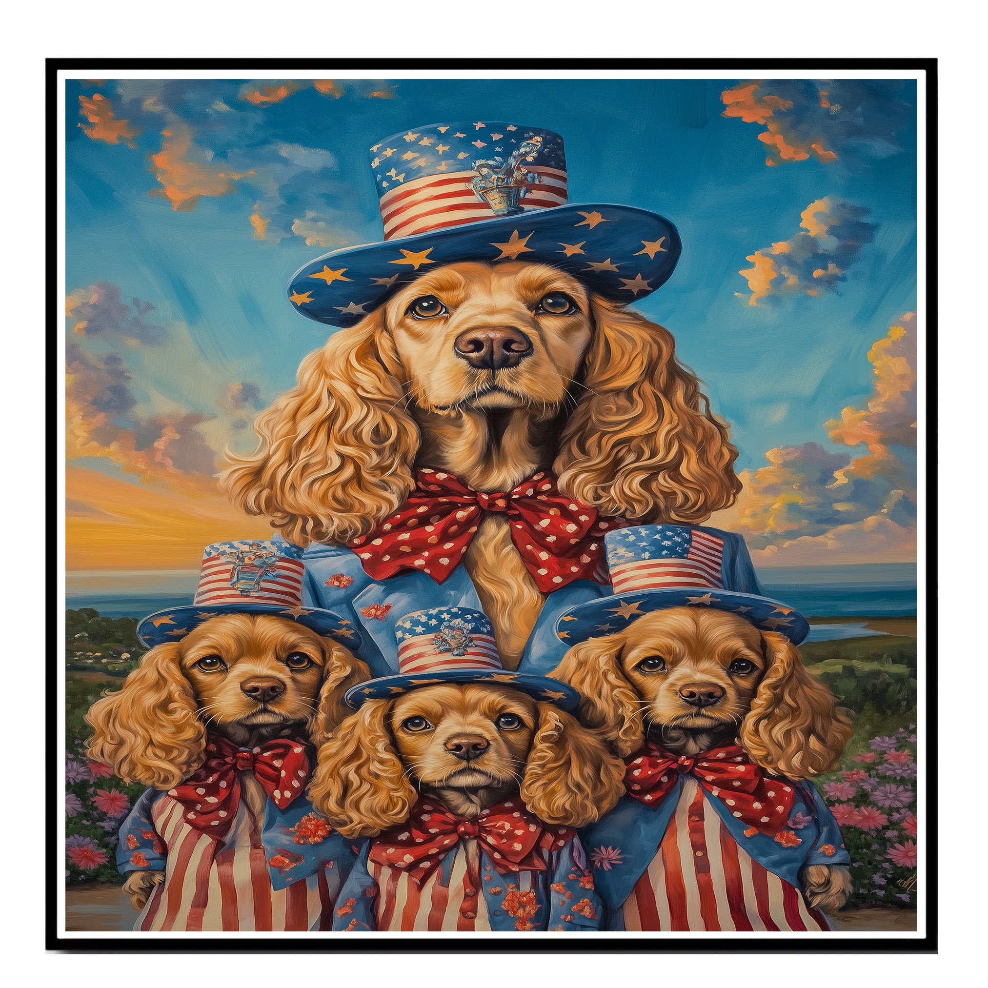 Mother Cocker Spaniel and Three Puppies in Patriotic Outfits Among Wildflowers on Ready to Hang 1.5" Thick Canvas Wrap, Floating Framed Canvas, Flat Rolled Canvas