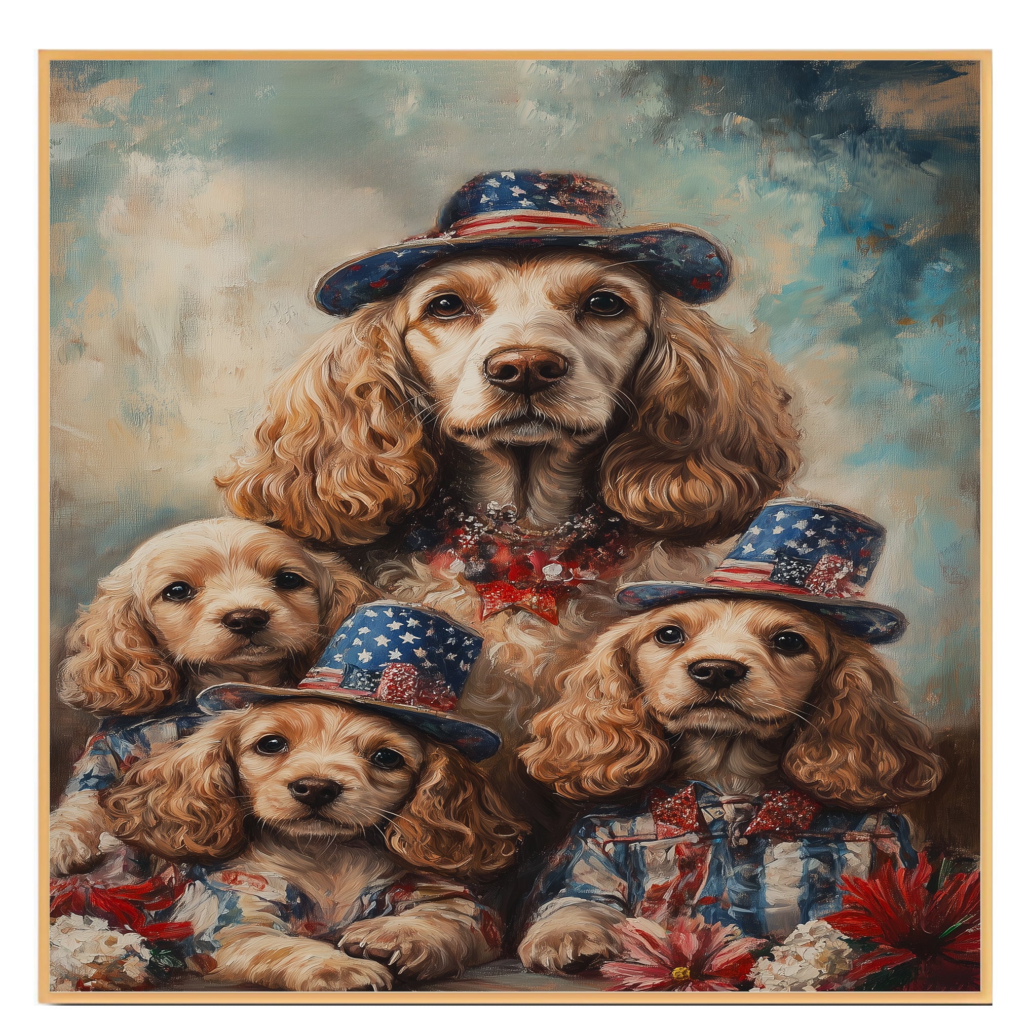 Mother Cocker Spaniel and Three Puppies in Patriotic Outfits with Stars and Flowers on Ready to Hang 1.5" Thick Canvas Wrap, Floating Framed Canvas, Flat Rolled Canvas