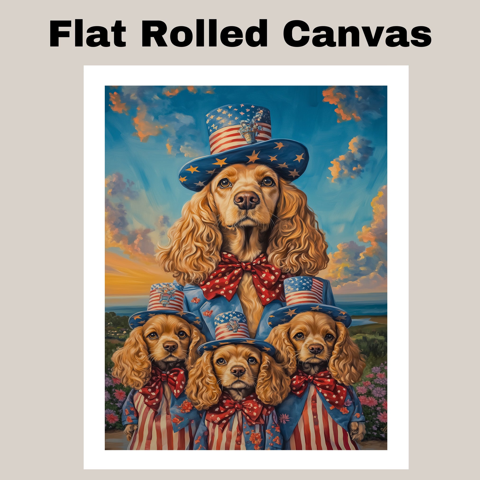 Mother Cocker Spaniel and Three Puppies in Patriotic Outfits Among Wildflowers on Ready to Hang 1.5" Thick Canvas Wrap, Floating Framed Canvas, Flat Rolled Canvas