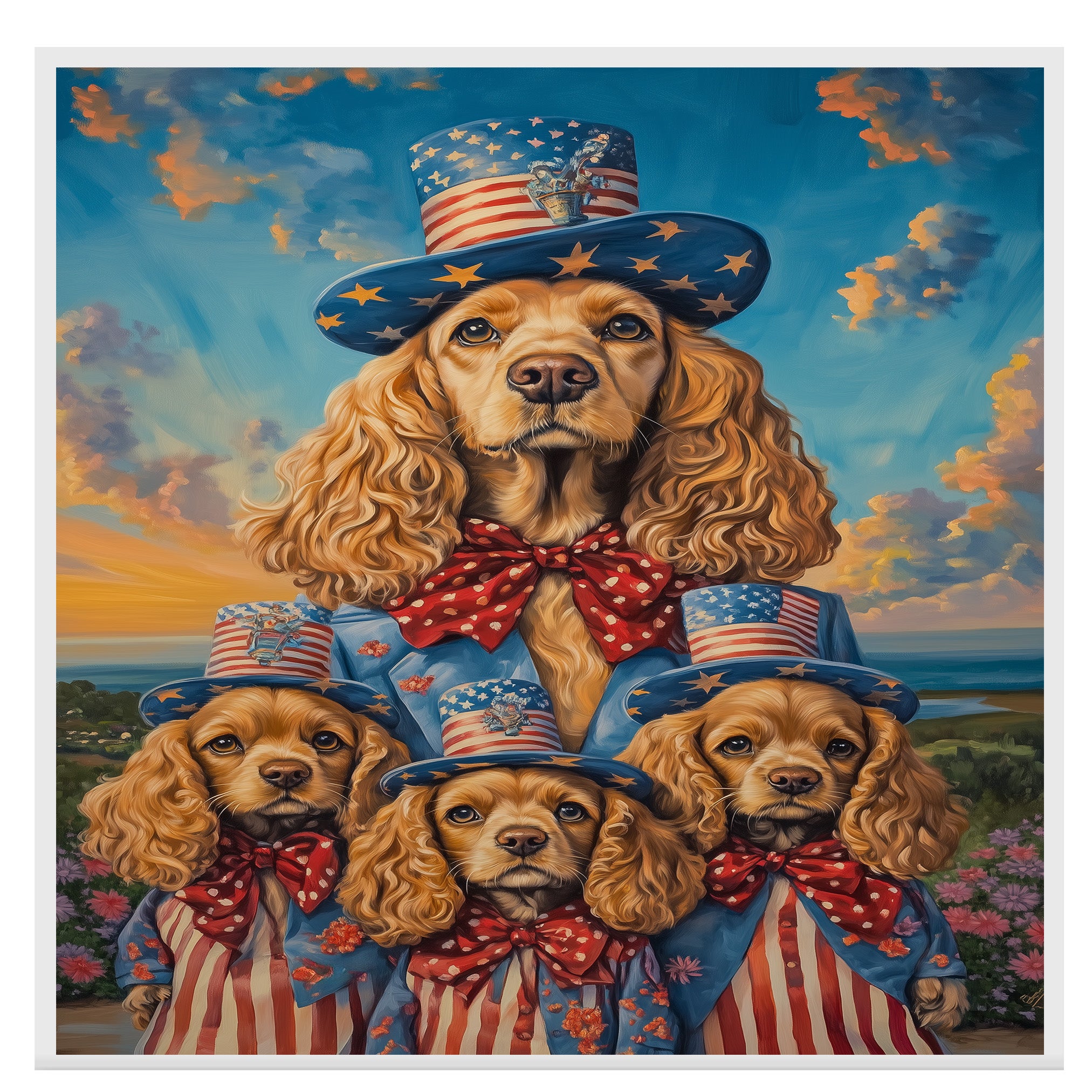 Mother Cocker Spaniel and Three Puppies in Patriotic Outfits Among Wildflowers on Ready to Hang 1.5" Thick Canvas Wrap, Floating Framed Canvas, Flat Rolled Canvas