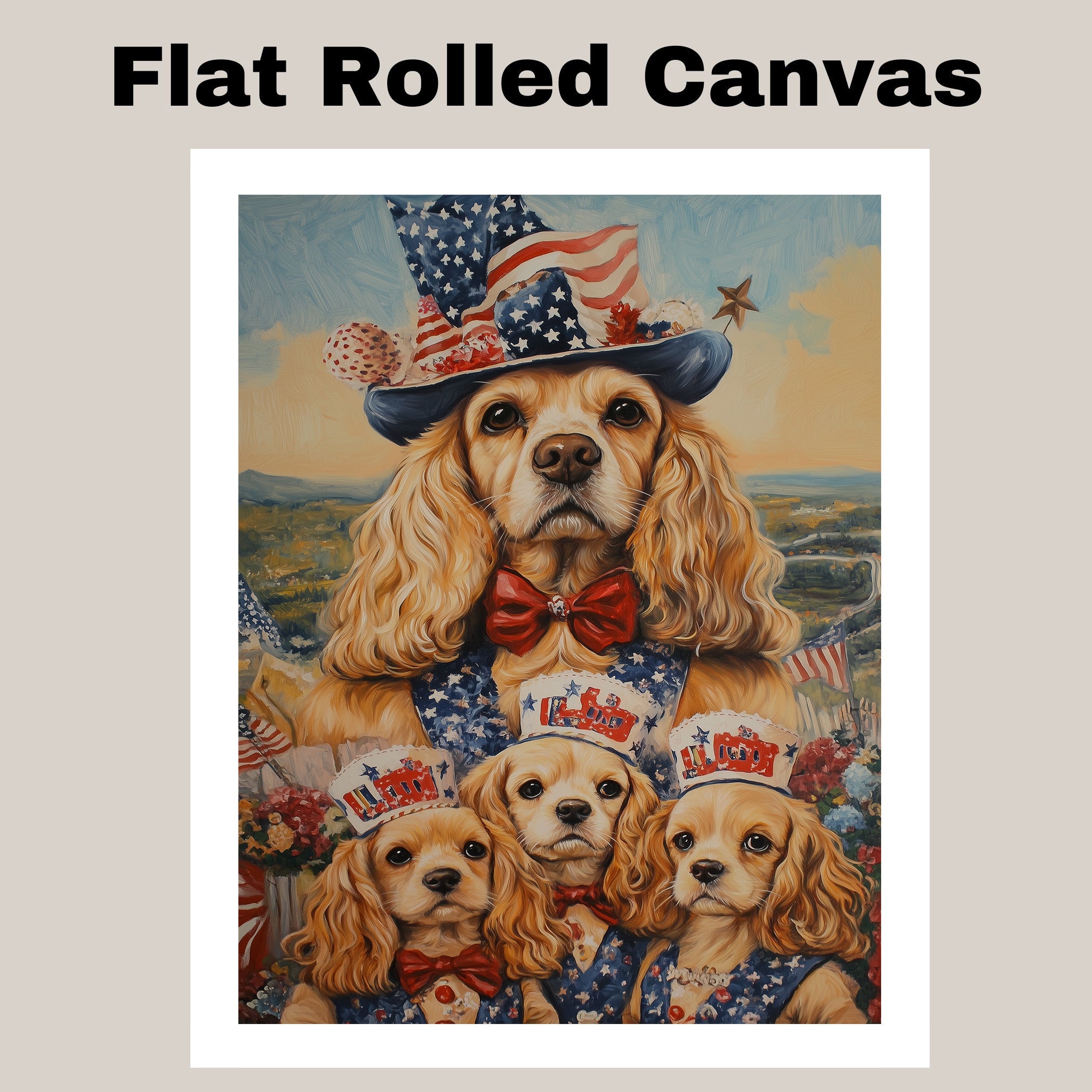 Mother Cocker Spaniel and Three Puppies in Patriotic Vests and USA Top Hats on Ready to Hang 1.5" Thick Canvas Wrap, Floating Framed Canvas, Flat Rolled Canvas