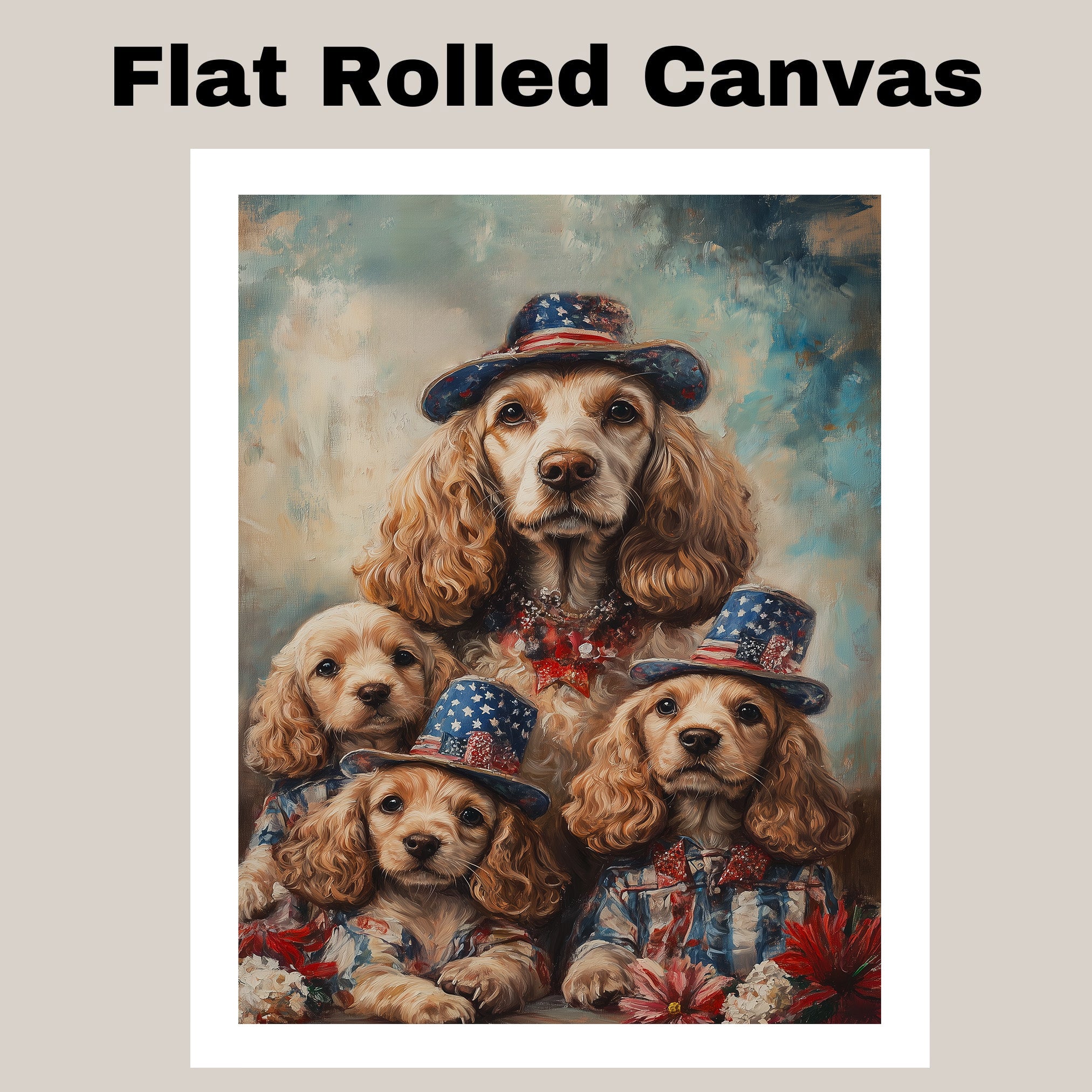 Mother Cocker Spaniel and Three Puppies in Patriotic Outfits with Stars and Flowers on Ready to Hang 1.5" Thick Canvas Wrap, Floating Framed Canvas, Flat Rolled Canvas