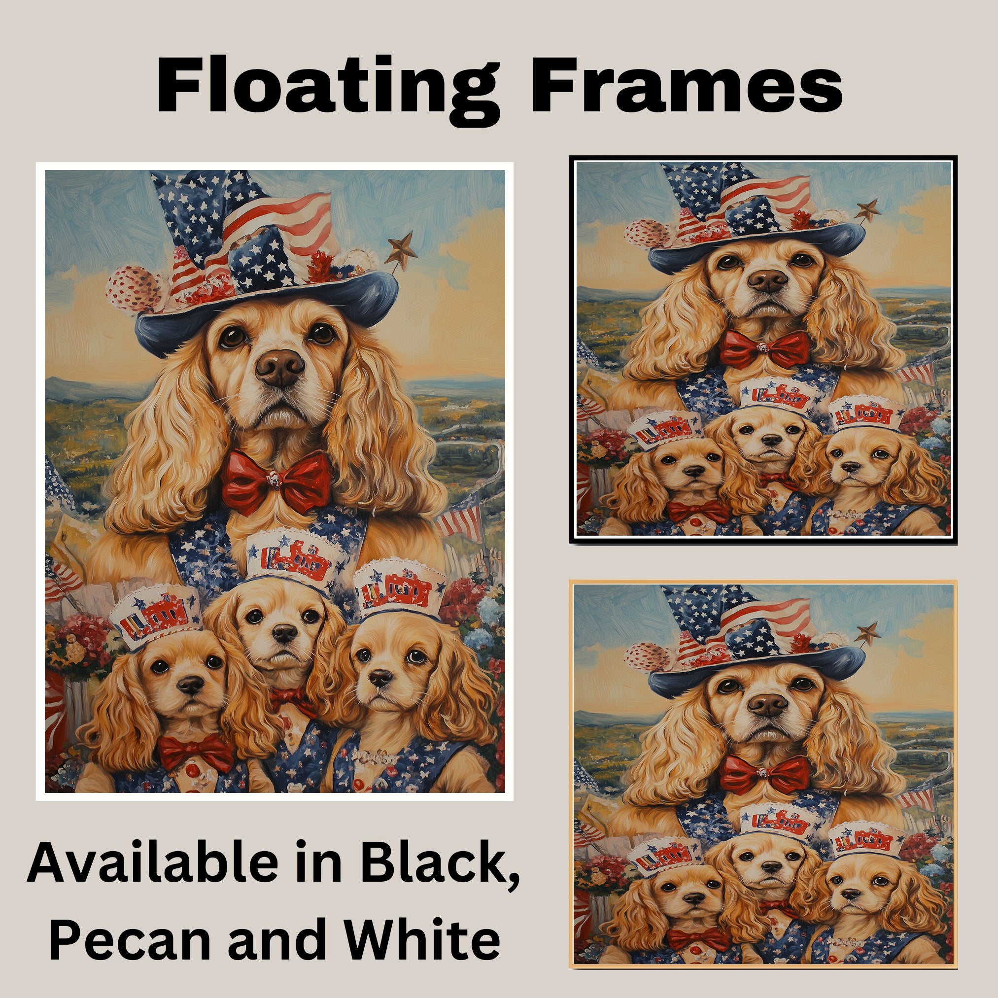 Mother Cocker Spaniel and Three Puppies in Patriotic Vests and USA Top Hats on Ready to Hang 1.5" Thick Canvas Wrap, Floating Framed Canvas, Flat Rolled Canvas