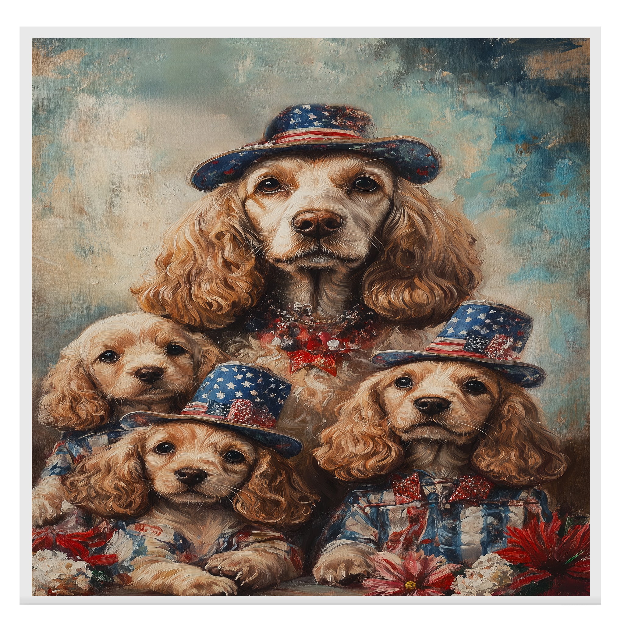 Mother Cocker Spaniel and Three Puppies in Patriotic Outfits with Stars and Flowers on Ready to Hang 1.5" Thick Canvas Wrap, Floating Framed Canvas, Flat Rolled Canvas