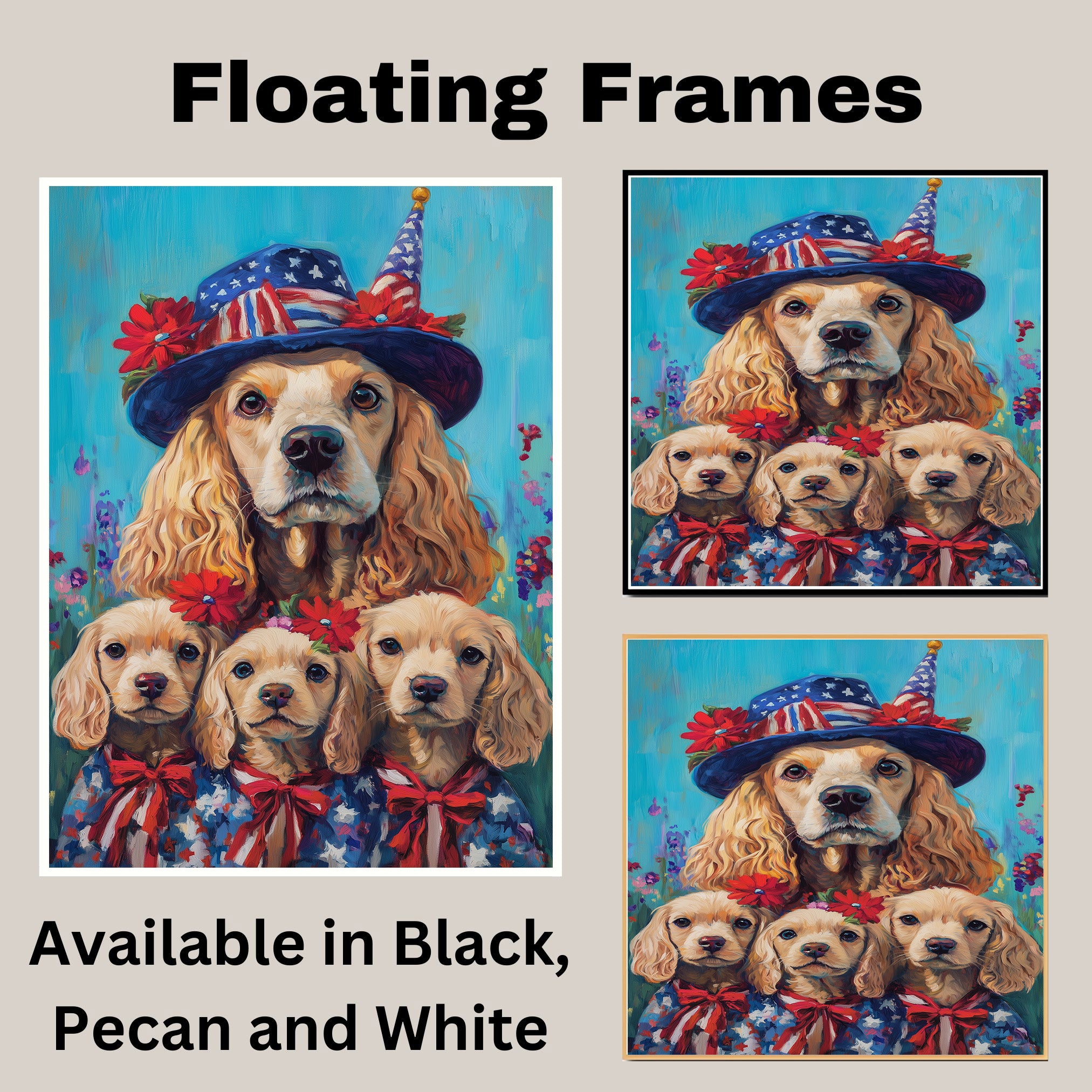 Mother Cocker Spaniel and Three Puppies in Patriotic Blue Coats and Top Hats on Ready to Hang 1.5" Thick Canvas Wrap, Floating Framed Canvas, Flat Rolled Canvas