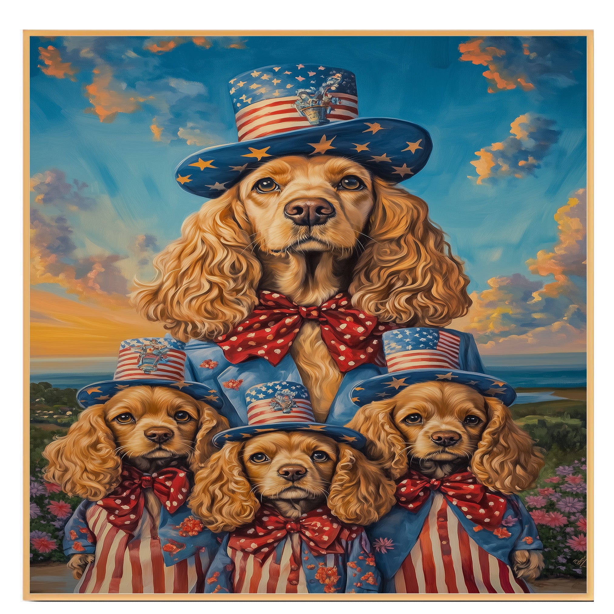 Mother Cocker Spaniel and Three Puppies in Patriotic Outfits Among Wildflowers on Ready to Hang 1.5" Thick Canvas Wrap, Floating Framed Canvas, Flat Rolled Canvas