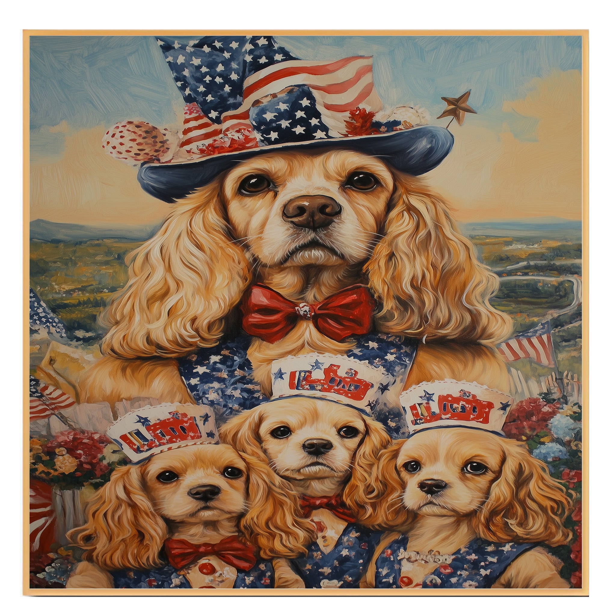 Mother Cocker Spaniel and Three Puppies in Patriotic Vests and USA Top Hats on Ready to Hang 1.5" Thick Canvas Wrap, Floating Framed Canvas, Flat Rolled Canvas