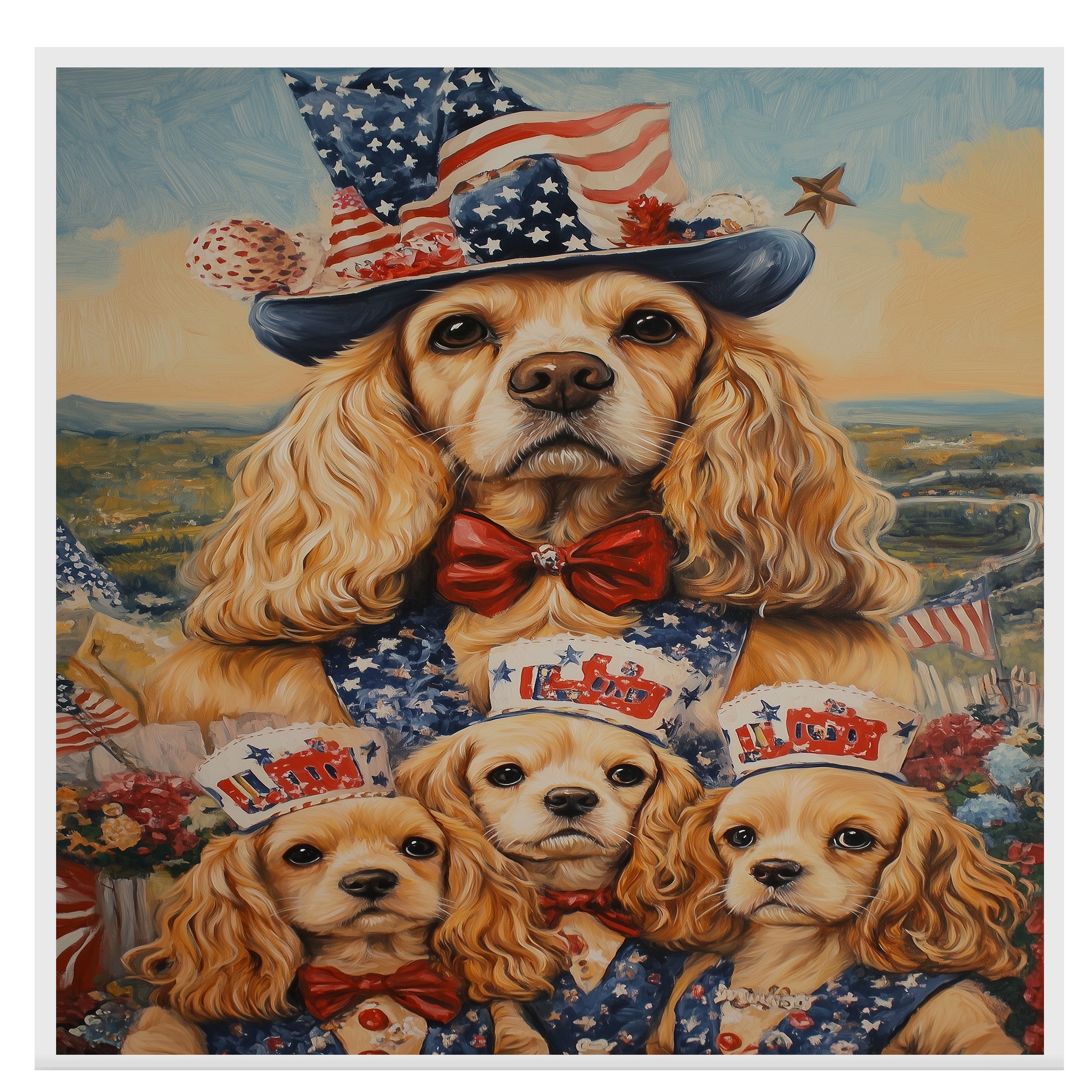 Mother Cocker Spaniel and Three Puppies in Patriotic Vests and USA Top Hats on Ready to Hang 1.5" Thick Canvas Wrap, Floating Framed Canvas, Flat Rolled Canvas