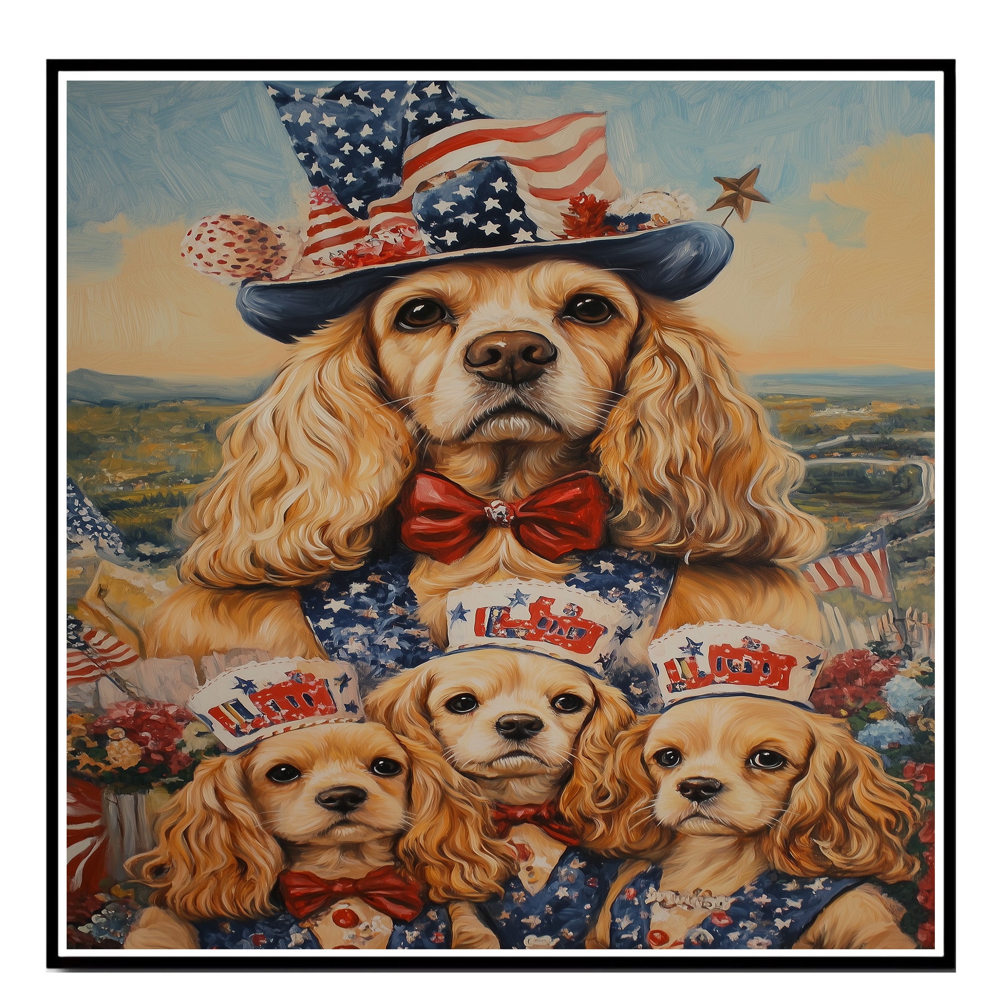Mother Cocker Spaniel and Three Puppies in Patriotic Vests and USA Top Hats on Ready to Hang 1.5" Thick Canvas Wrap, Floating Framed Canvas, Flat Rolled Canvas
