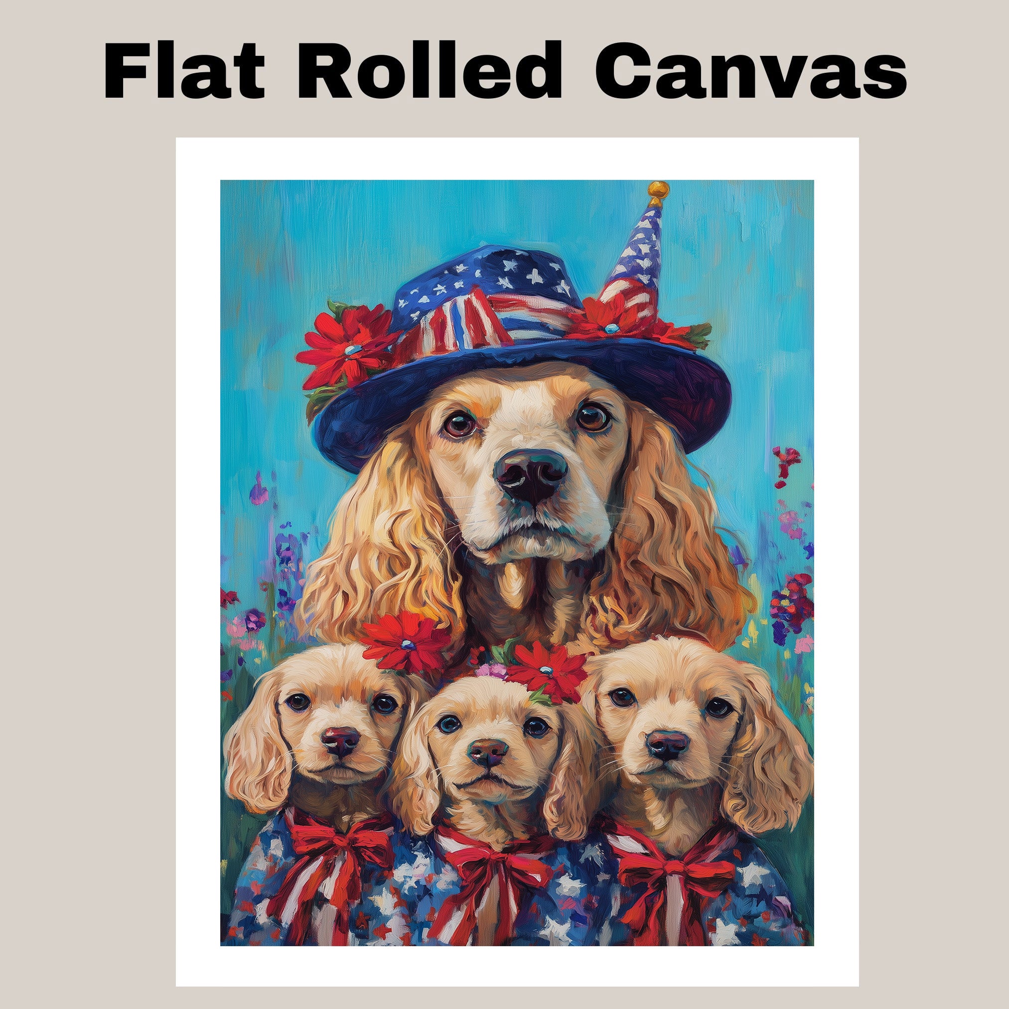 Mother Cocker Spaniel and Three Puppies in Patriotic Blue Coats and Top Hats on Ready to Hang 1.5" Thick Canvas Wrap, Floating Framed Canvas, Flat Rolled Canvas