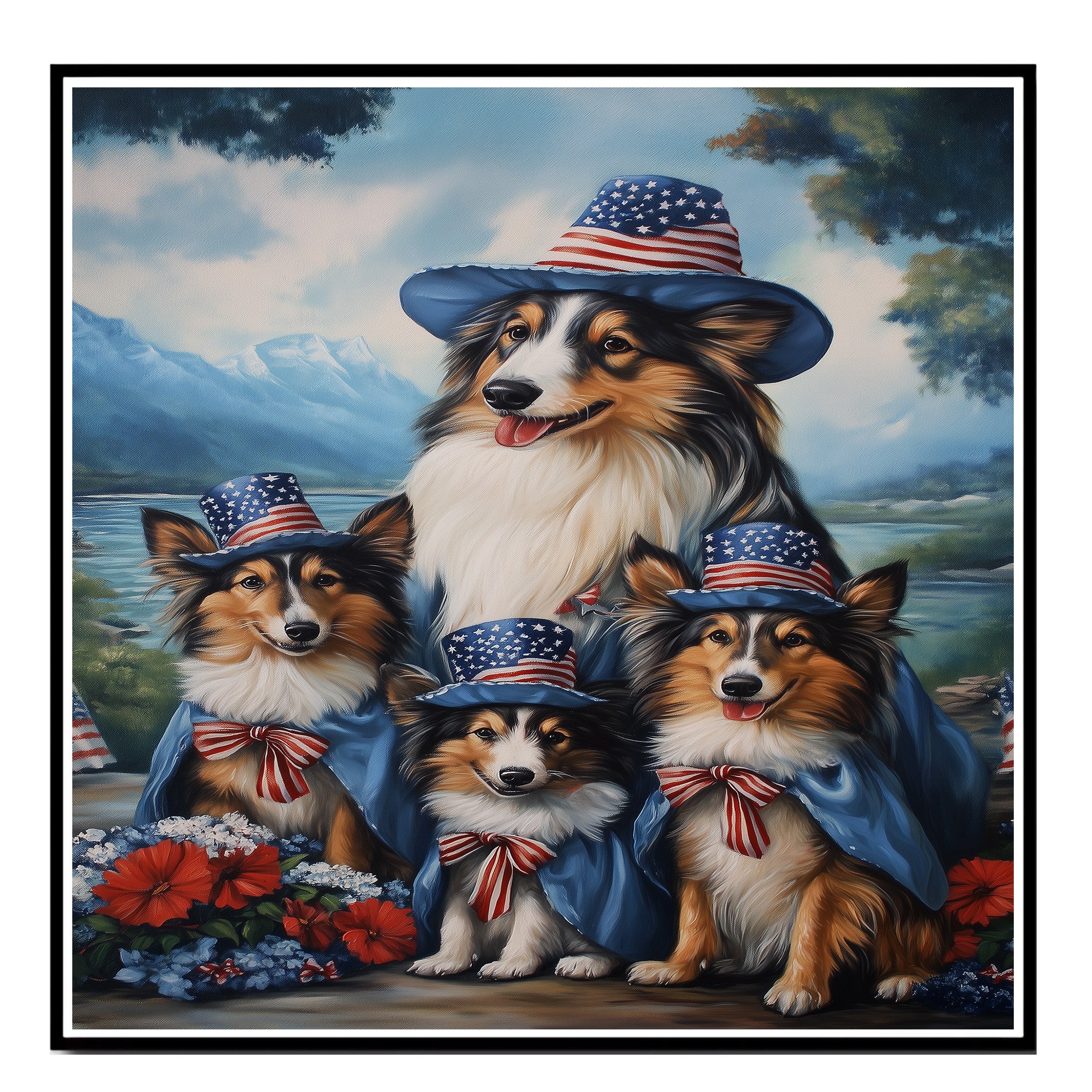 Mother Collie Dog and Three Puppies in Patriotic Hats and Capes by a Mountain Lake on Ready to Hang 1.5" Thick Canvas Wrap, Floating Framed Canvas, Flat Rolled Canvas