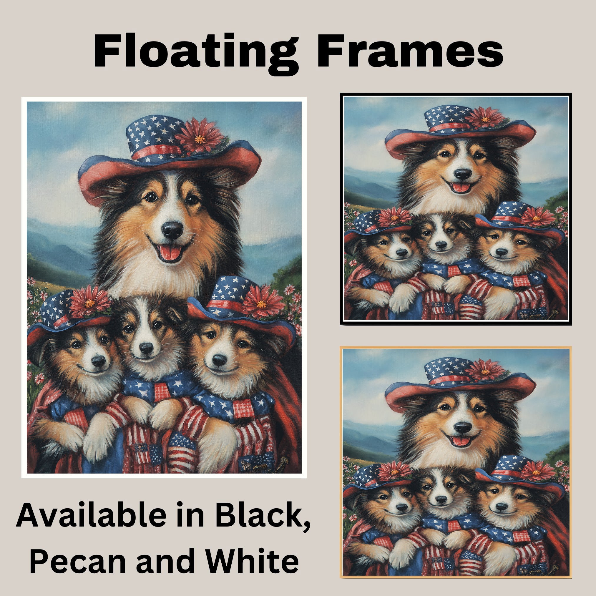 Mother Collie Dog and Three Puppies Wearing Patriotic Hats and American Flag Capes on Ready to Hang 1.5" Thick Canvas Wrap, Floating Framed Canvas, Flat Rolled Canvas
