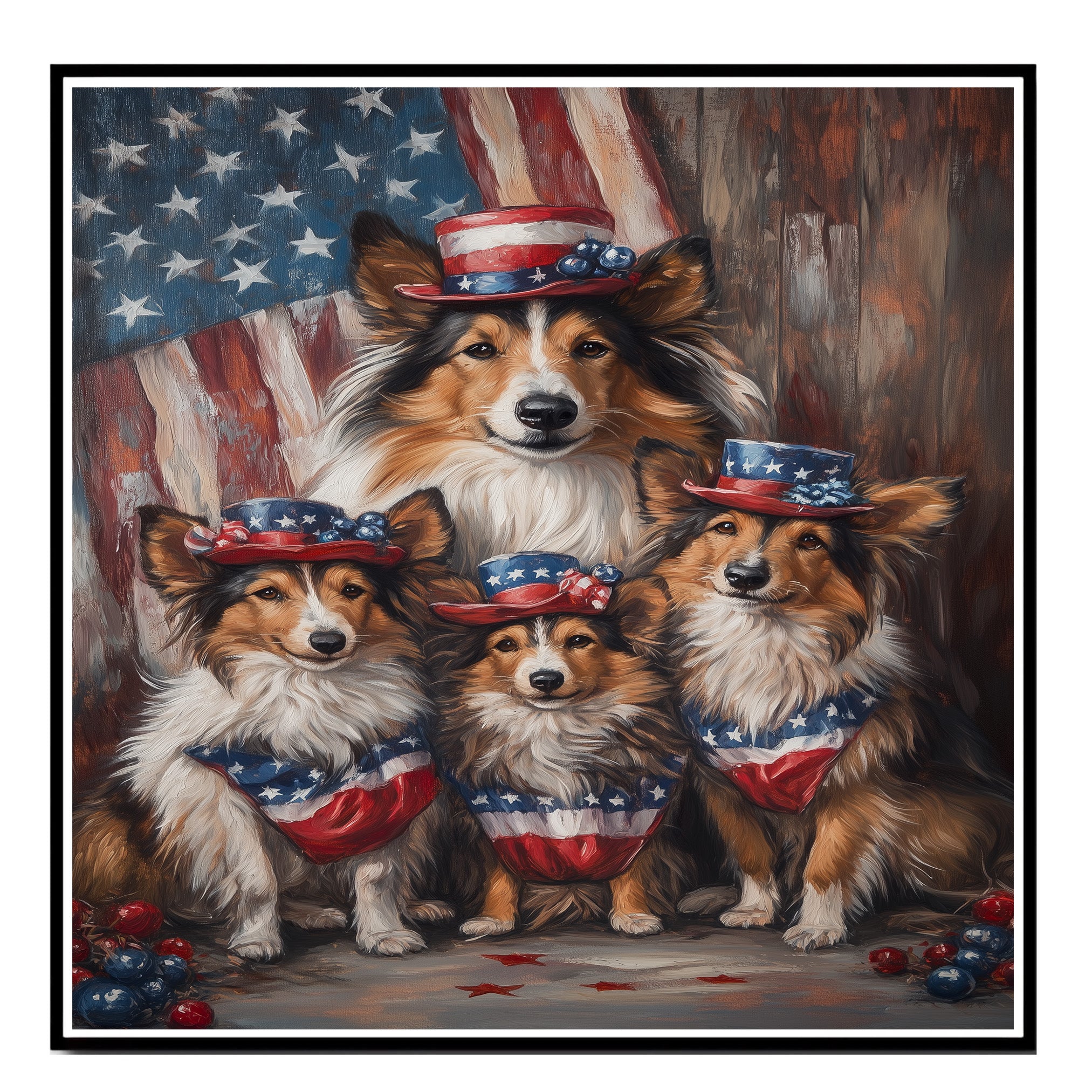Mother Collie Dog and Three Puppies in Patriotic Hats and Flag-Themed Bandanas on Ready to Hang 1.5" Thick Canvas Wrap, Floating Framed Canvas, Flat Rolled Canvas