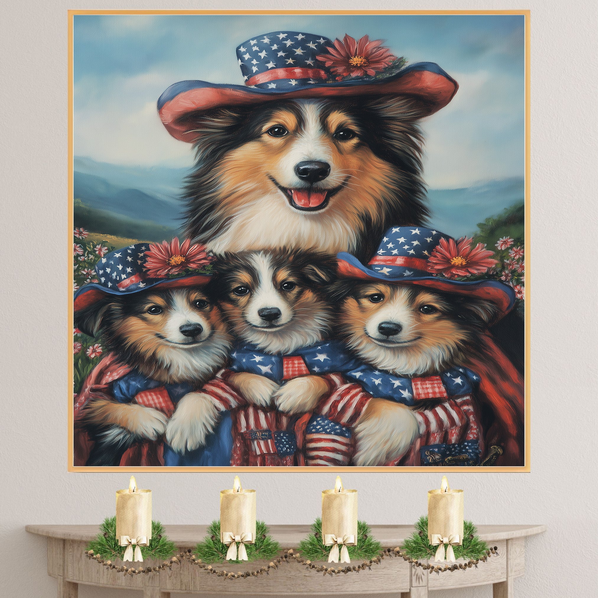 Mother Collie Dog and Three Puppies Wearing Patriotic Hats and American Flag Capes on Ready to Hang 1.5" Thick Canvas Wrap, Floating Framed Canvas, Flat Rolled Canvas